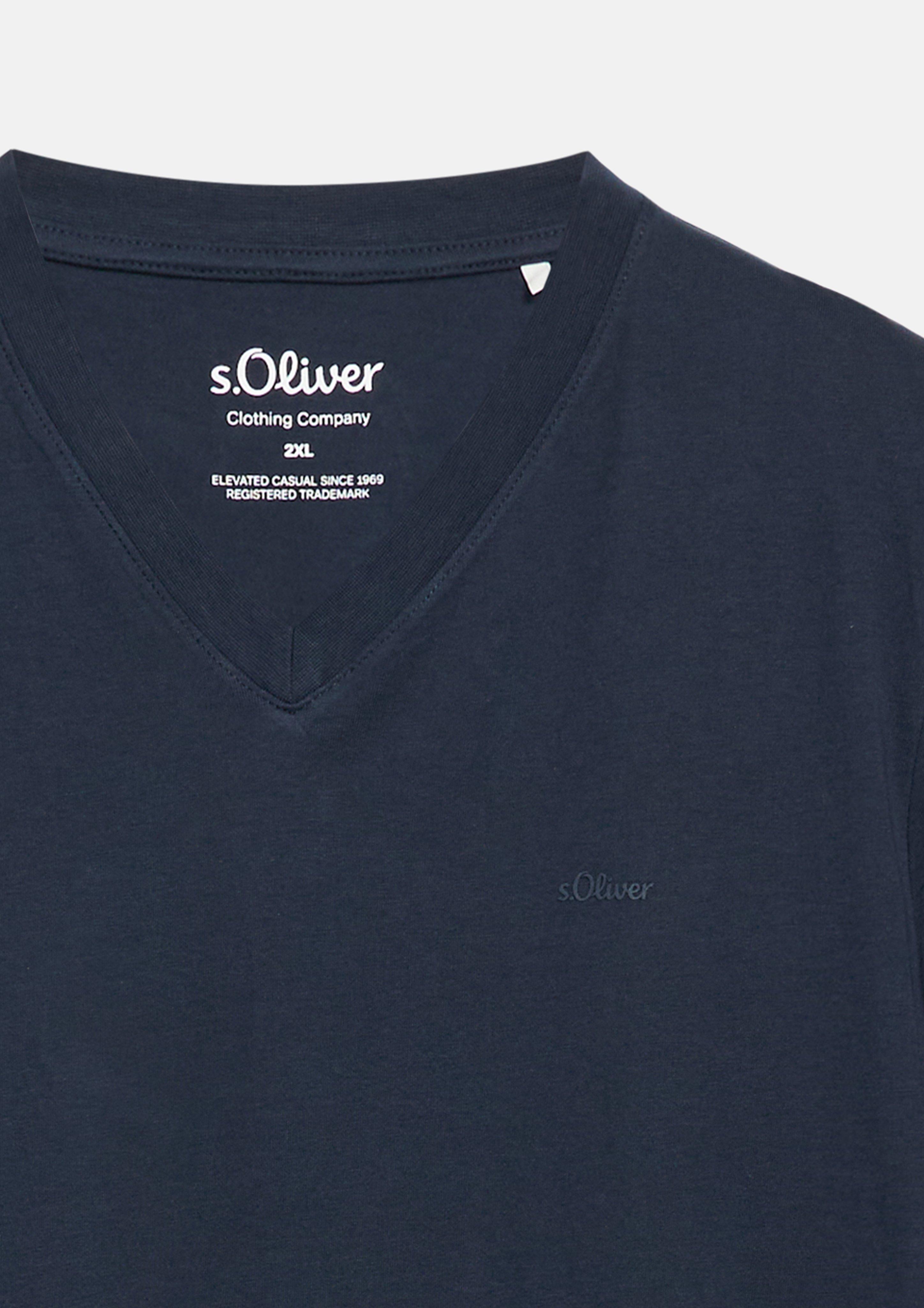 Herren Baumwoll-T-Shirt mit Logo-Print und V-Neck in blau von s.Oliver