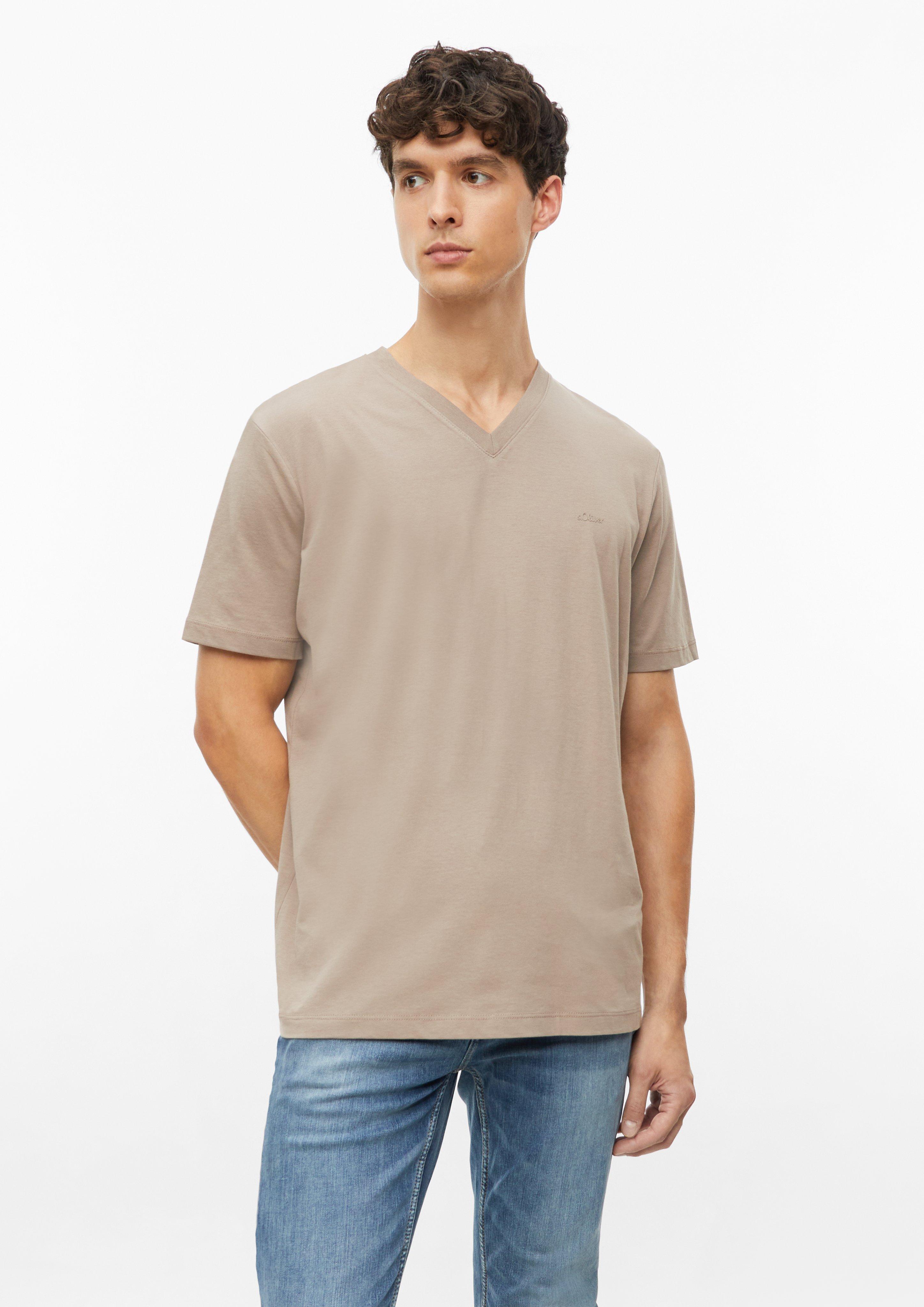 T-shirt en coton avec logo imprimé et col en V en marron clair de s.Oliver
