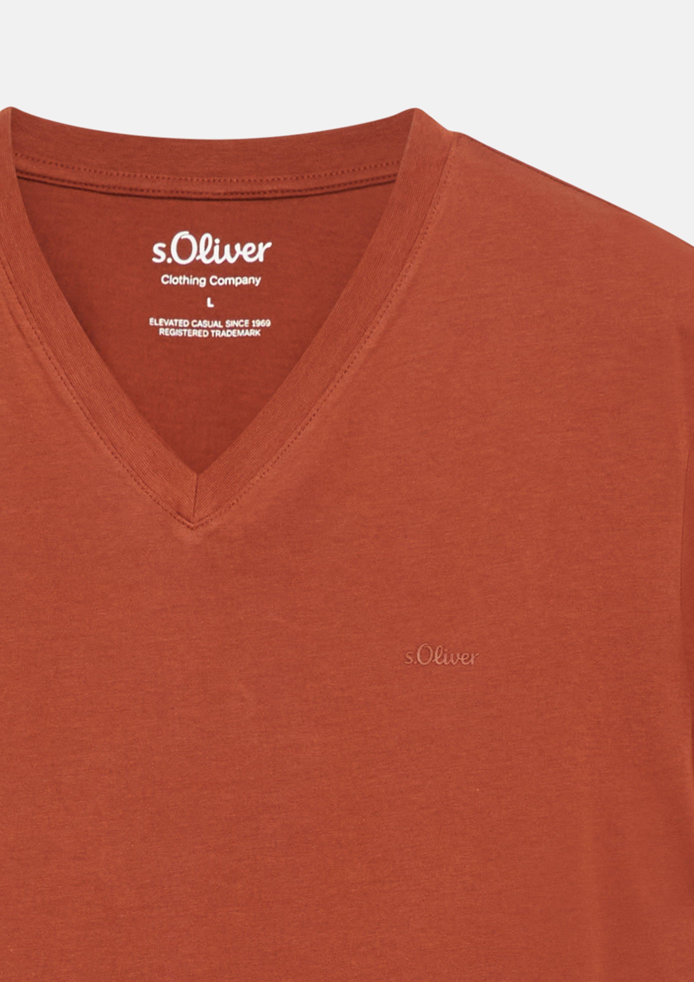 Herren Baumwoll-T-Shirt mit Logo-Print und V-Neck in orange von s.Oliver