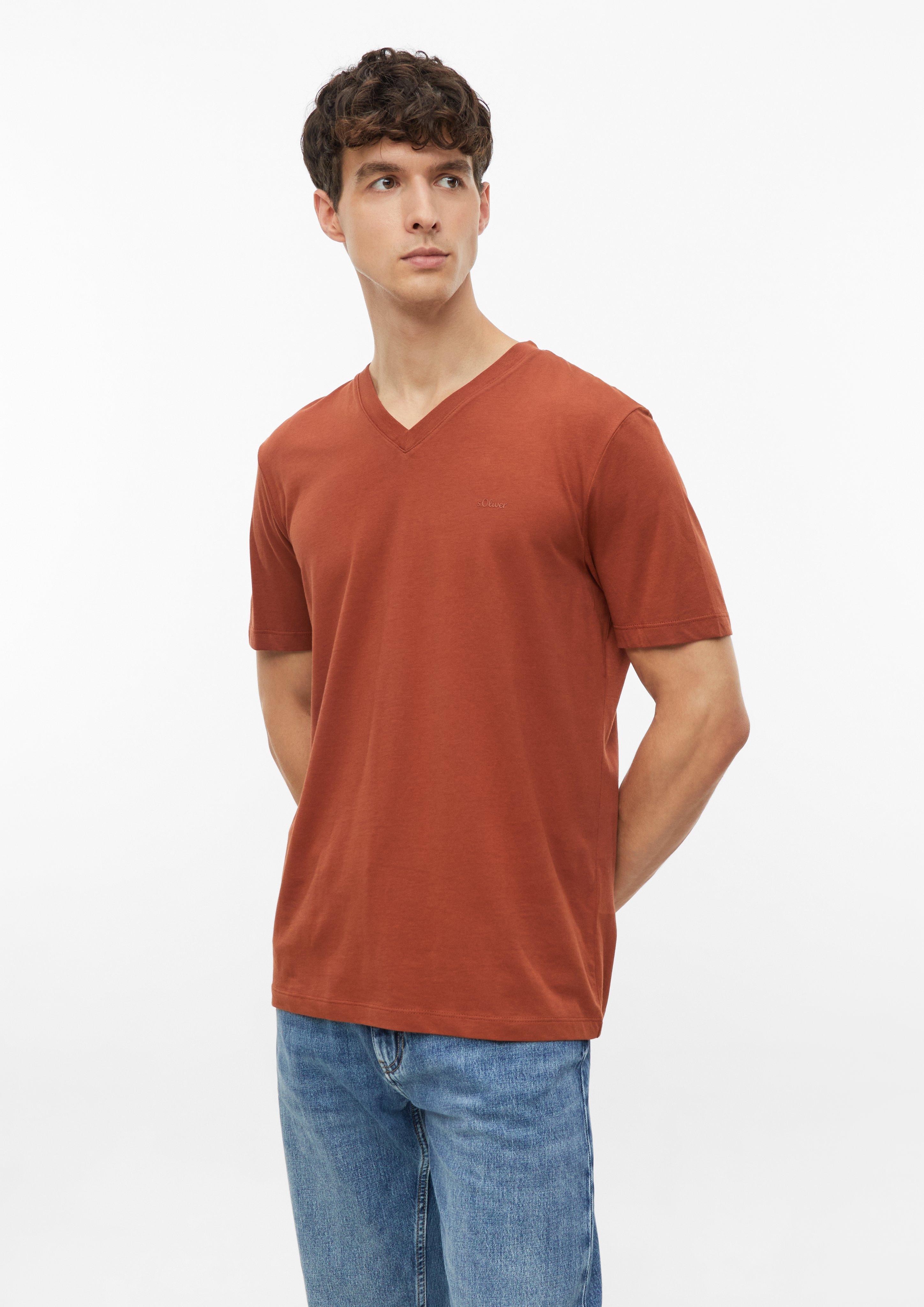Katoenen T-shirt met logo-opdruk en V-hals in terracotta van s.Oliver