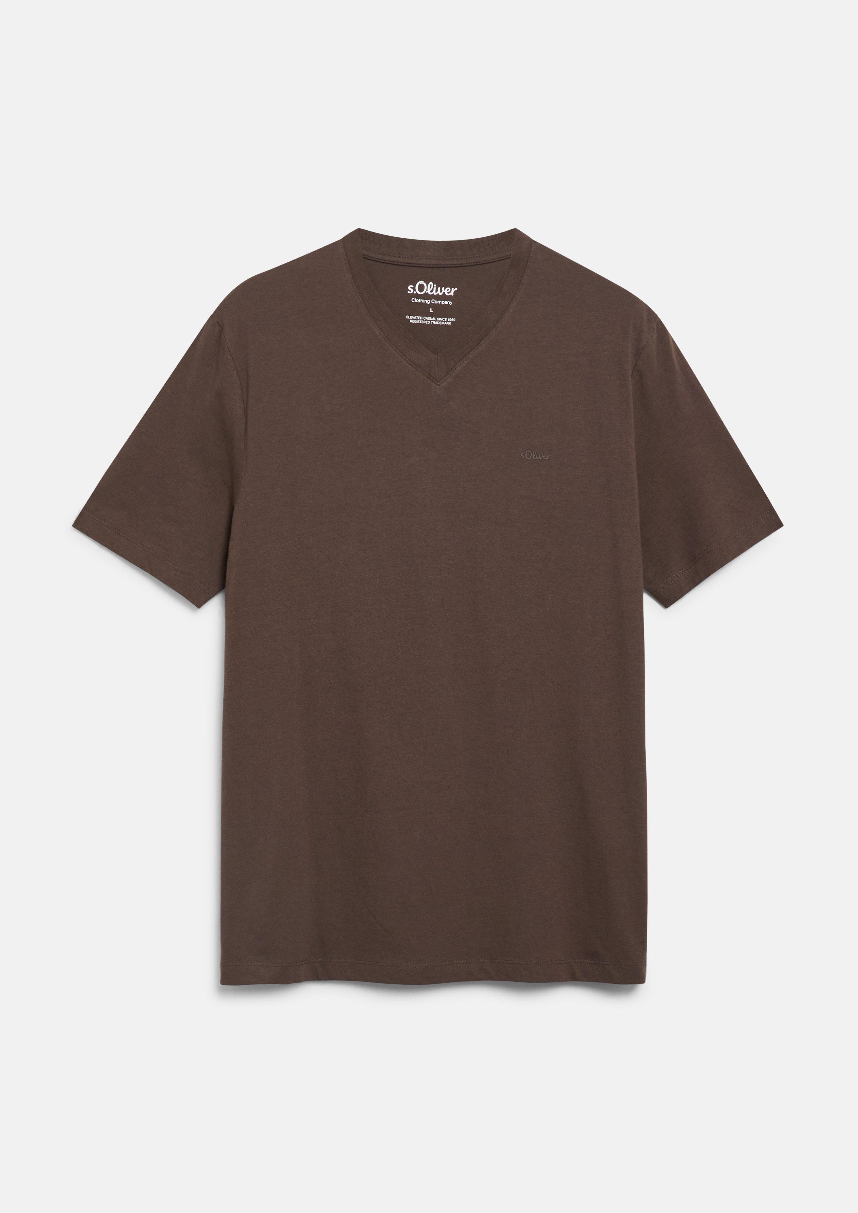 Men Cotton T-shirt with logo print and V-neck in brown by s.Oliver