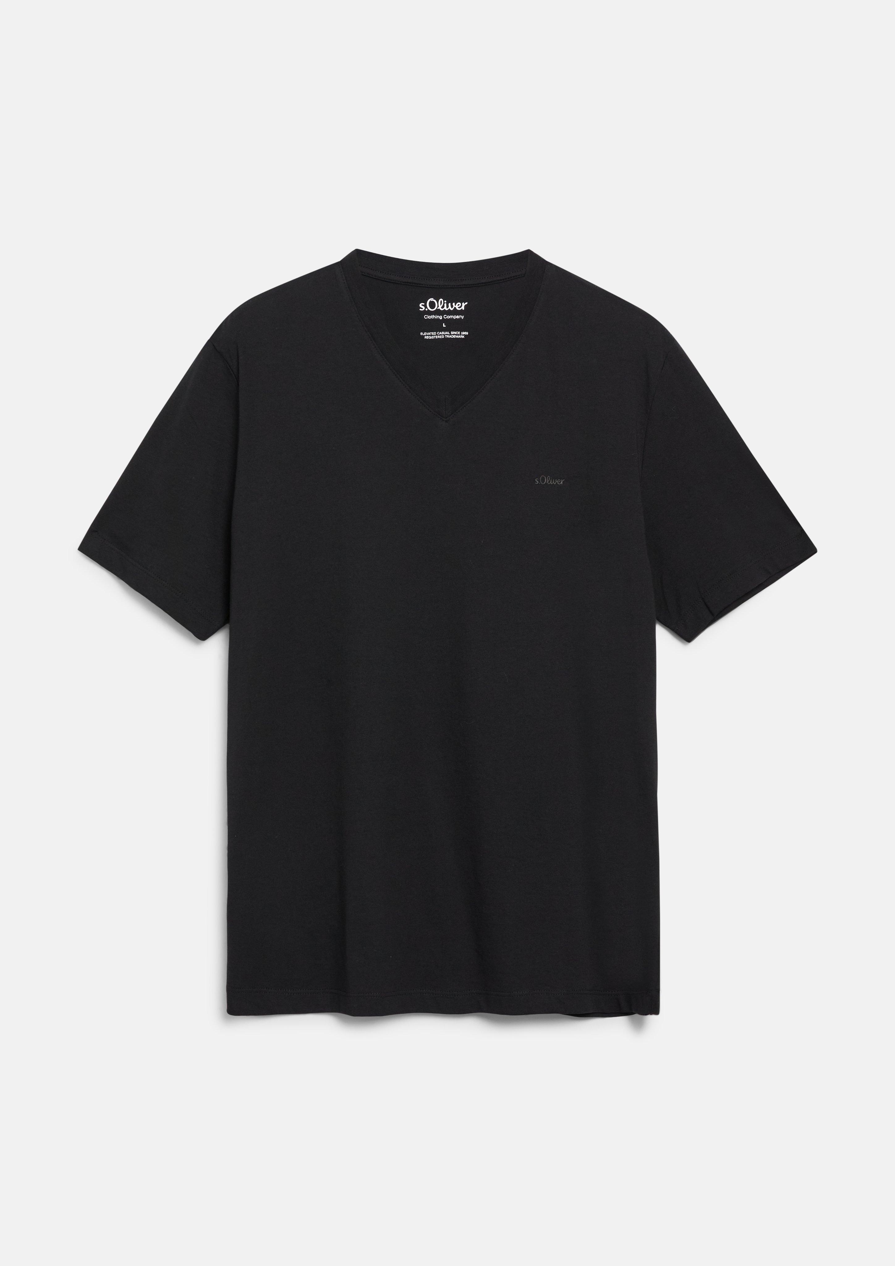 Men Cotton T-shirt with logo print and V-neck in black by s.Oliver
