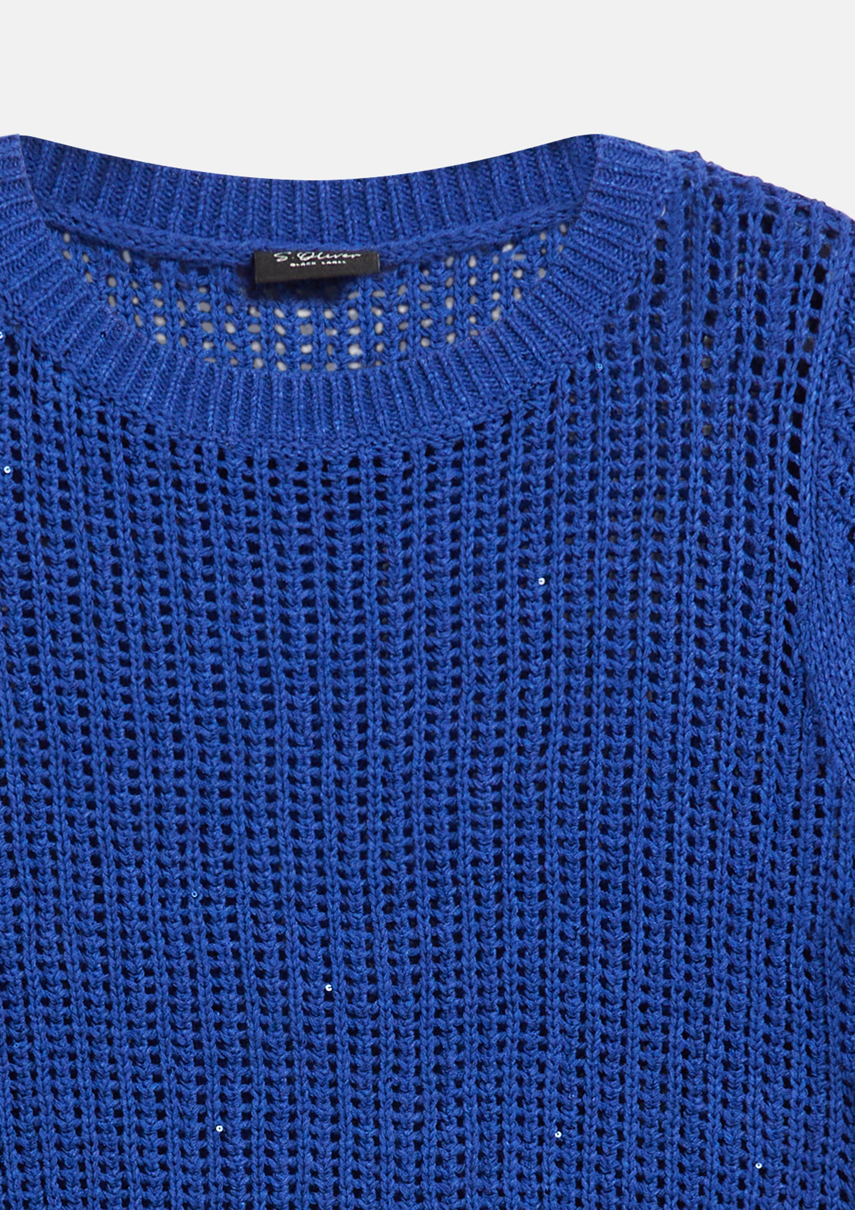 Femmes Pull à manches courtes légèrement transparent, avec motif ajouré et paillettes en bleu de s.Oliver BLACK LABEL