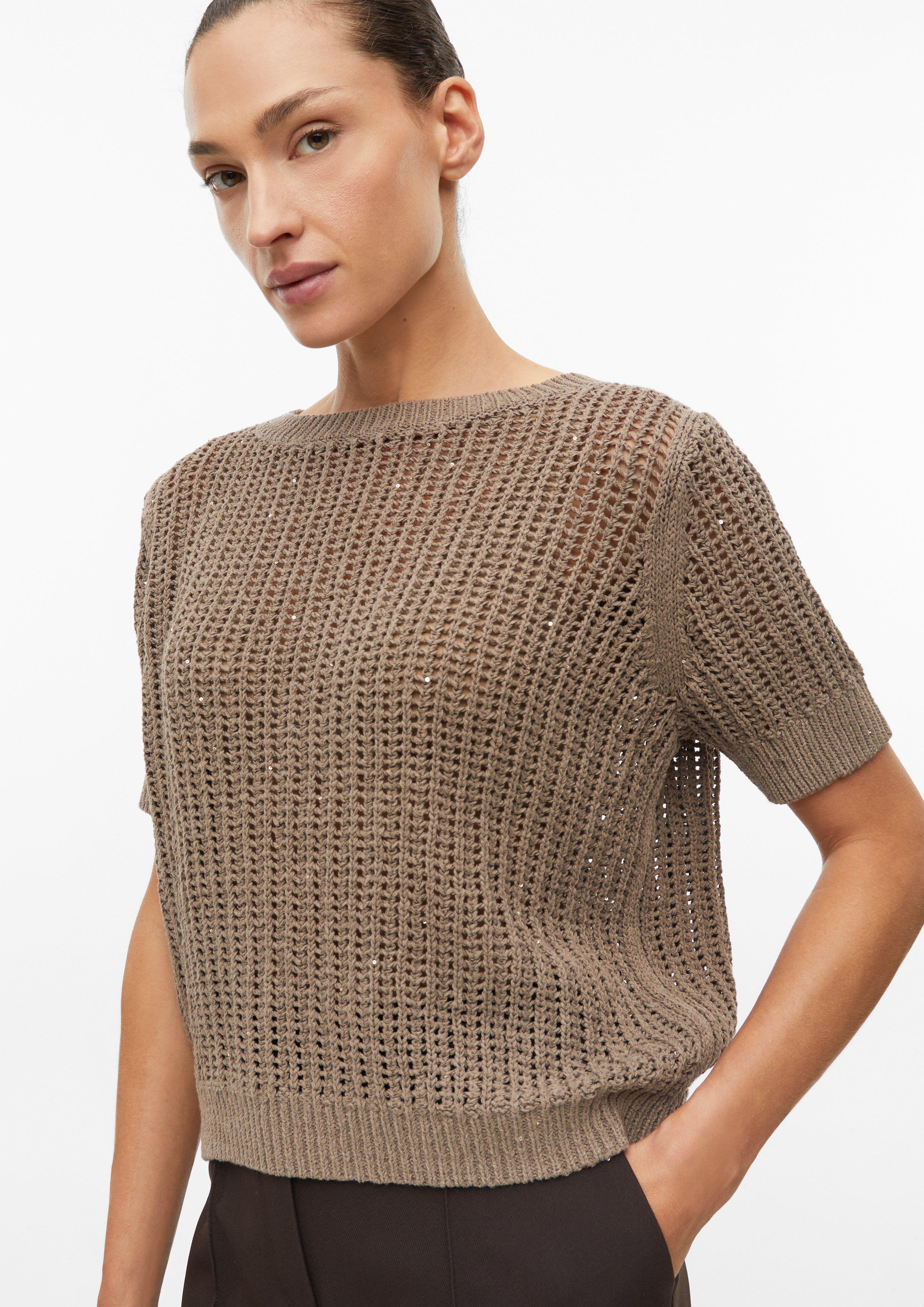 Femmes Pull à manches courtes légèrement transparent, avec motif ajouré et paillettes en brun de s.Oliver BLACK LABEL