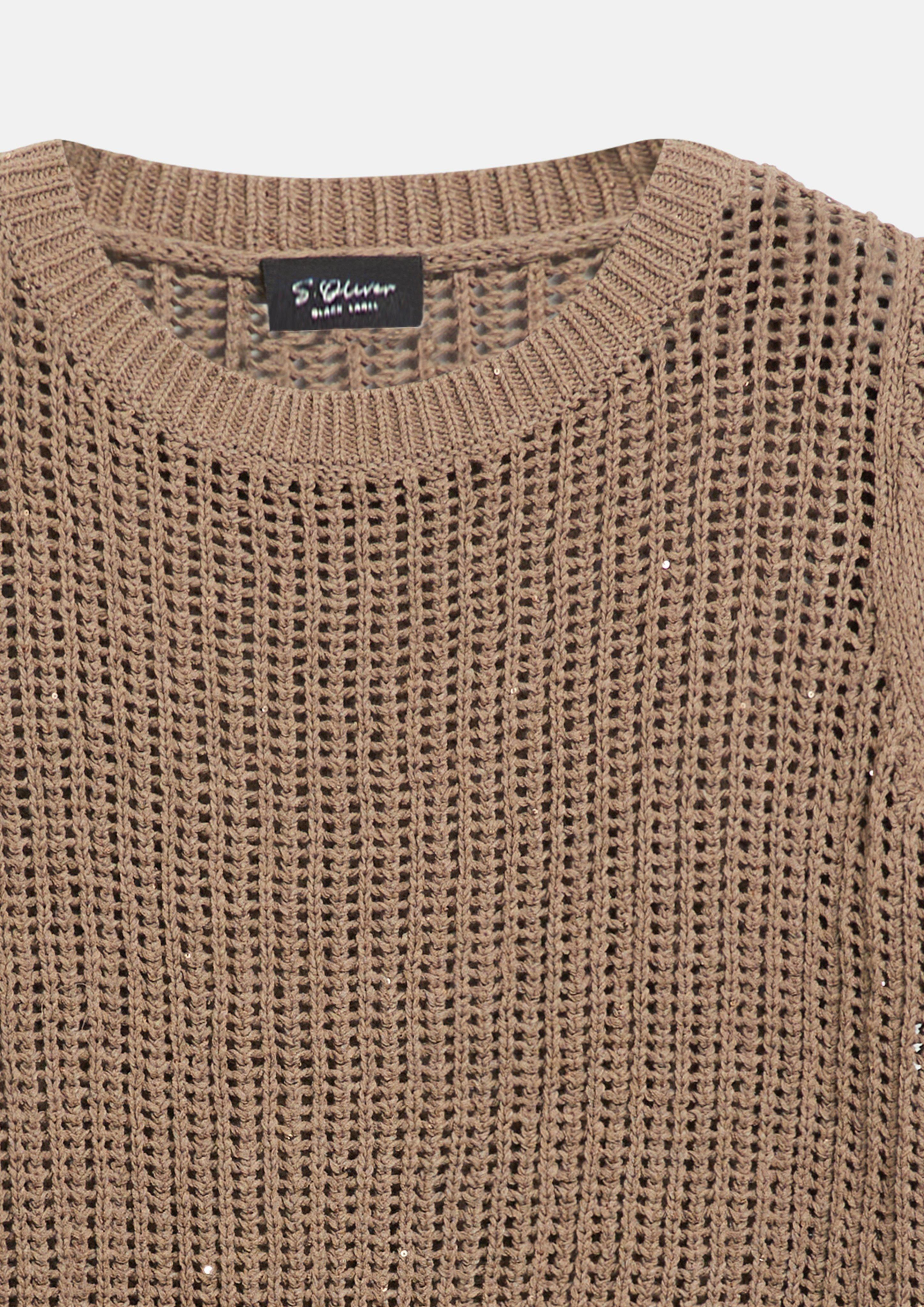 Femmes Pull à manches courtes légèrement transparent, avec motif ajouré et paillettes en brun de s.Oliver BLACK LABEL