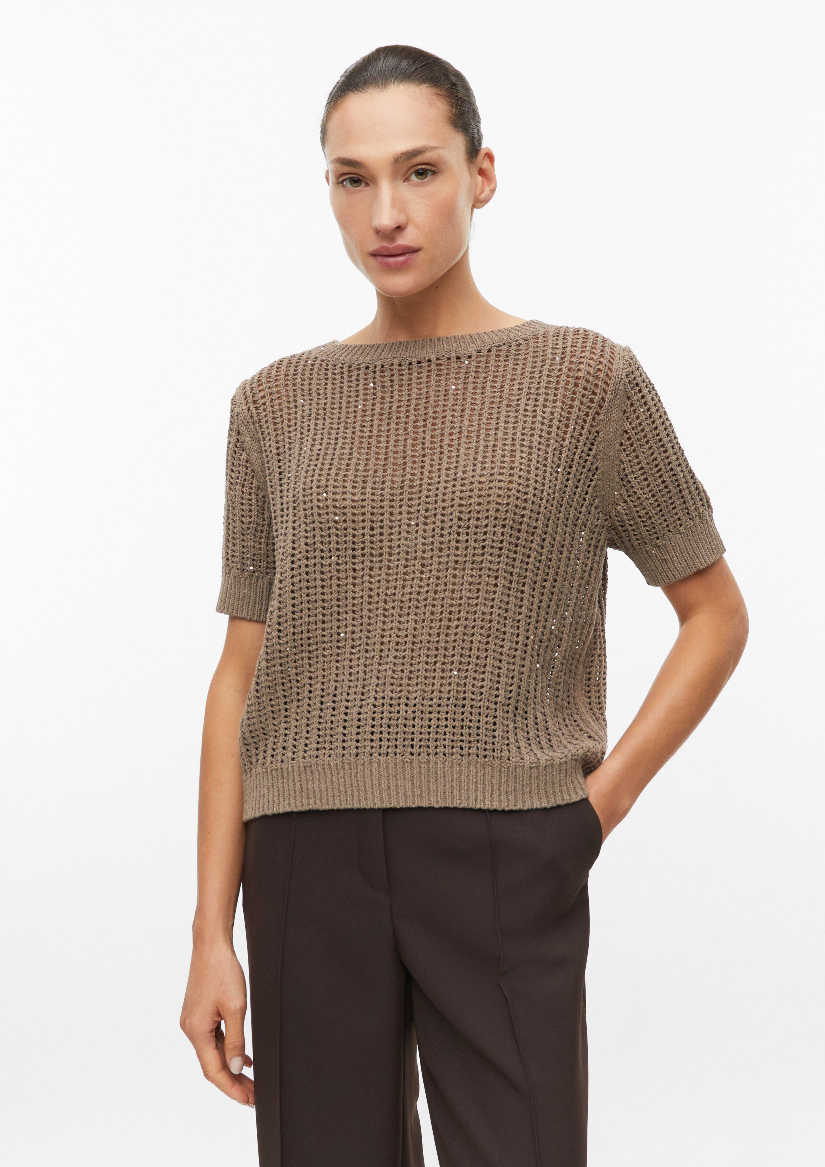 Leicht transparenter Kurzarm-Pullover mit Ajourmuster und Pailletten in Farbe sandstein von s.Oliver BLACK LABEL