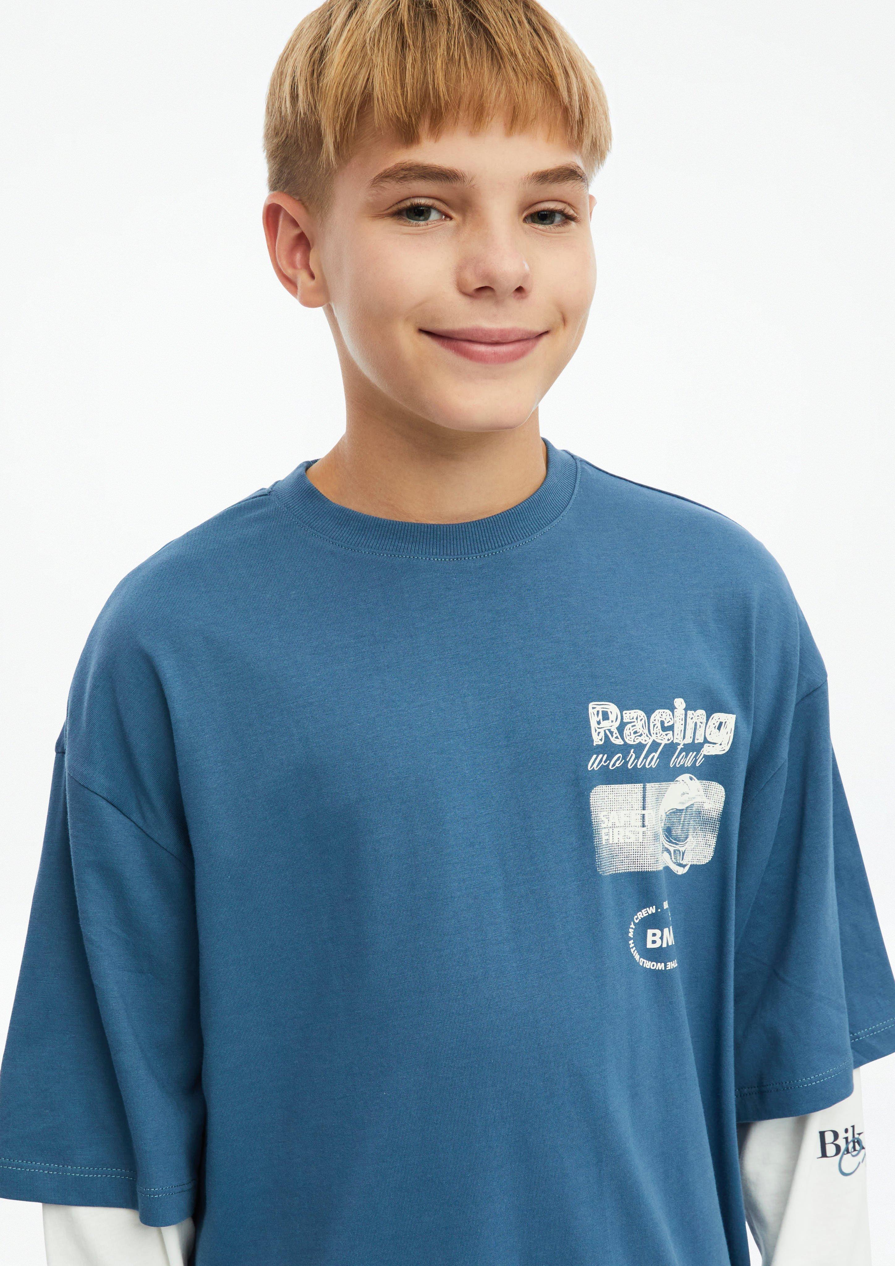 Junior Oversized shirt met lange mouwen in 2-in-1-look en printdetails in blauw van s.Oliver