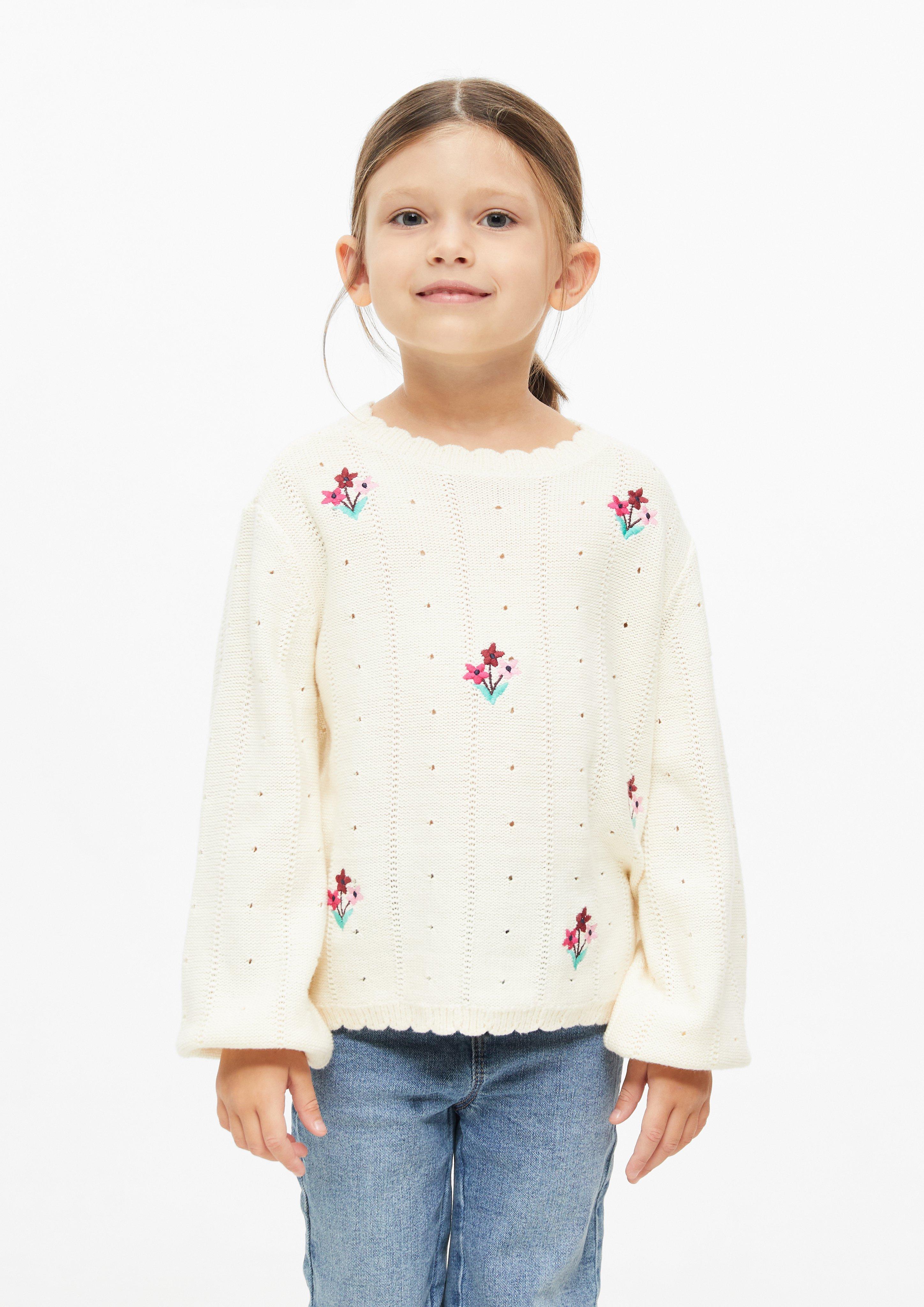 Loose-fit openwork knit sweater with embroidery in beige by s.Oliver