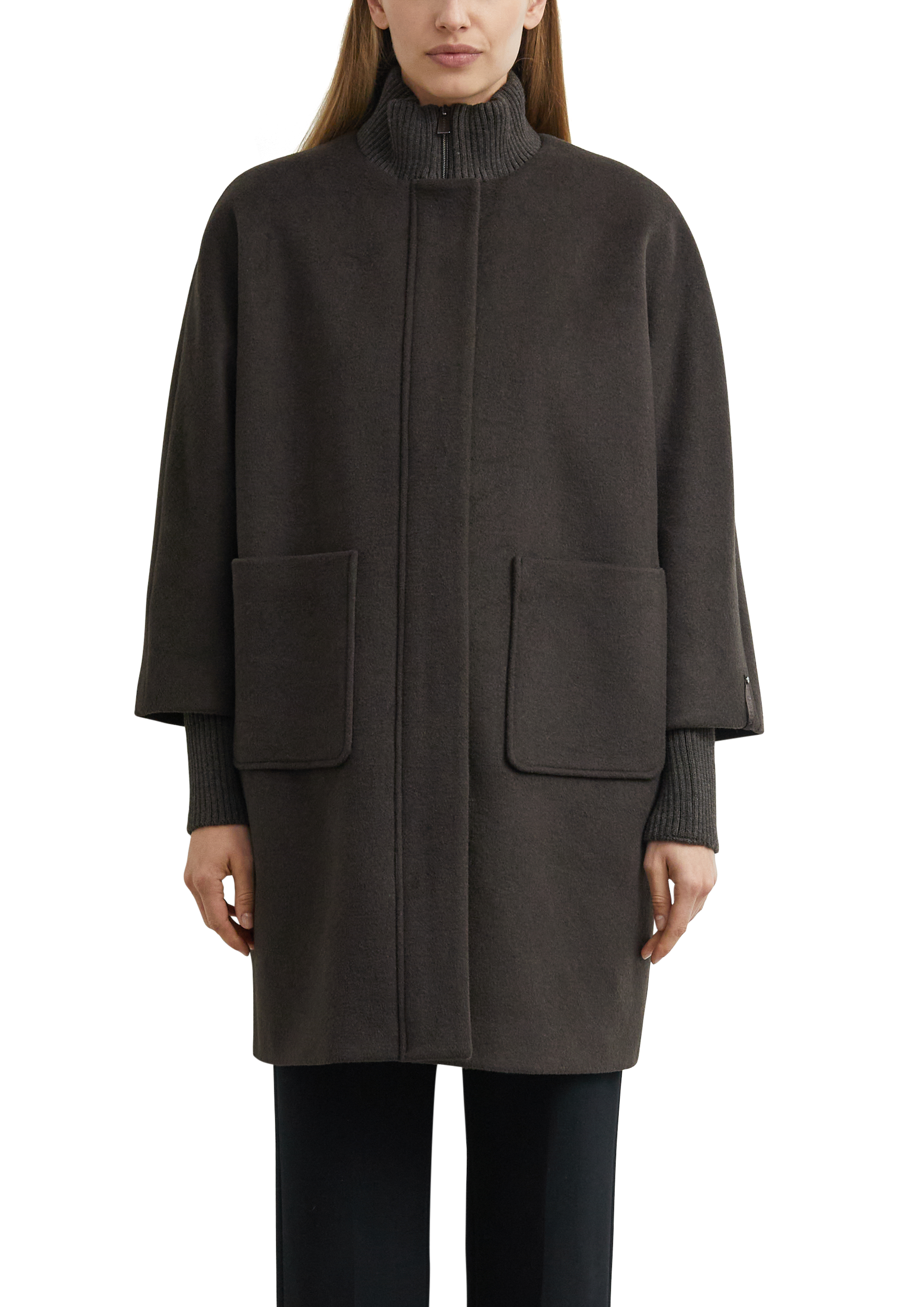 Wool-blend cape coat with ribbed details - Dark brown | COMMA