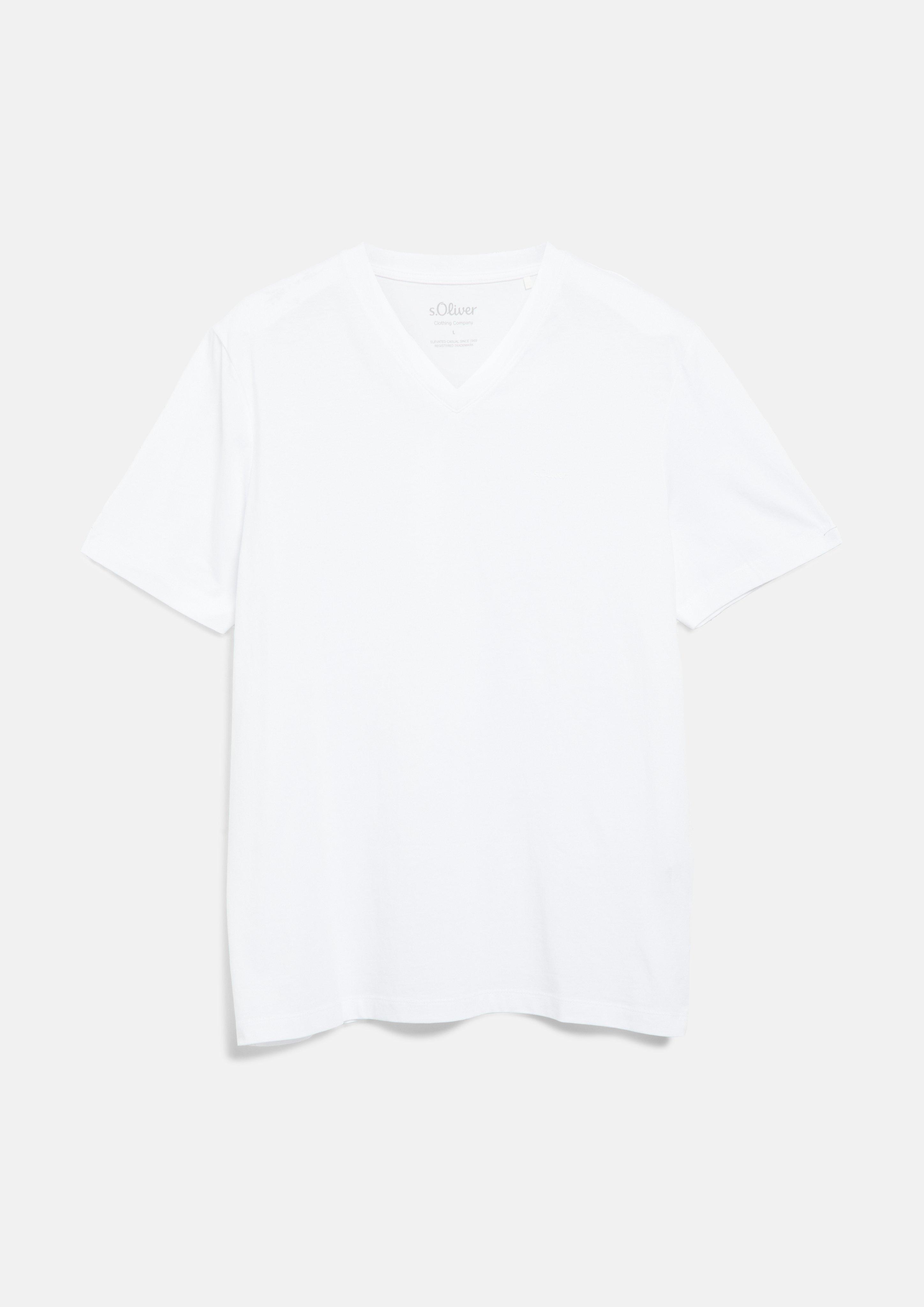 Katoenen T-shirt met V-hals en logo-print in wit van s.Oliver