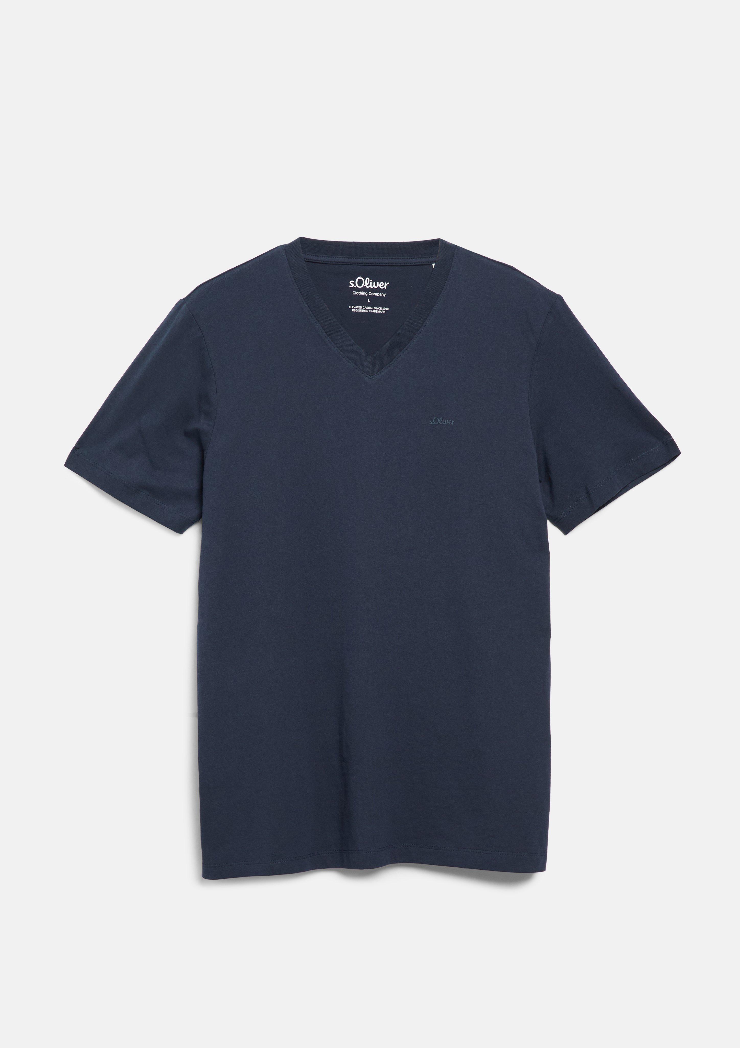 Herren Baumwoll-T-Shirt mit V-Neck und Logo-Print in blau von s.Oliver