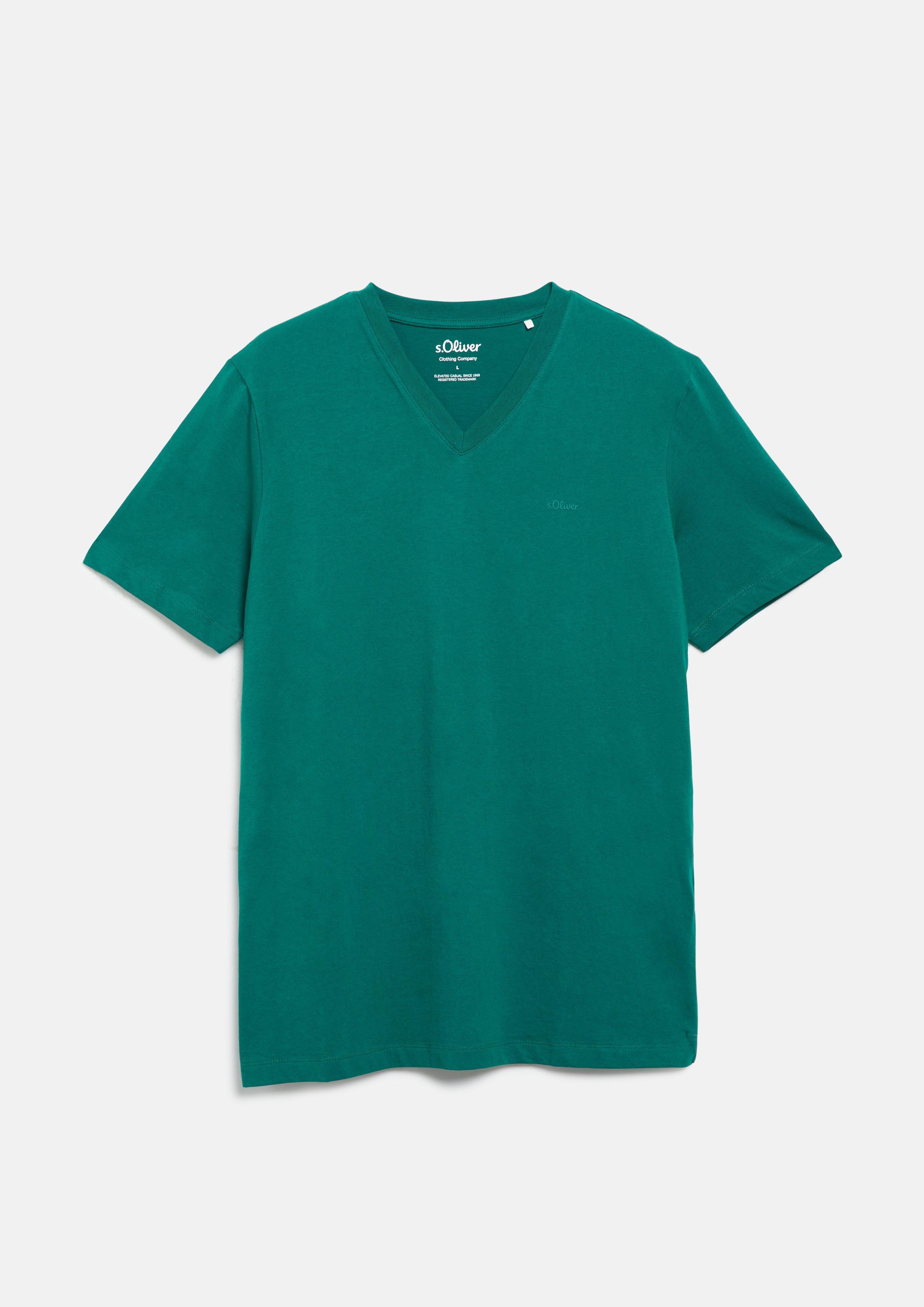 Hommes T-shirt en coton à col en V avec logo imprimé en vert de s.Oliver