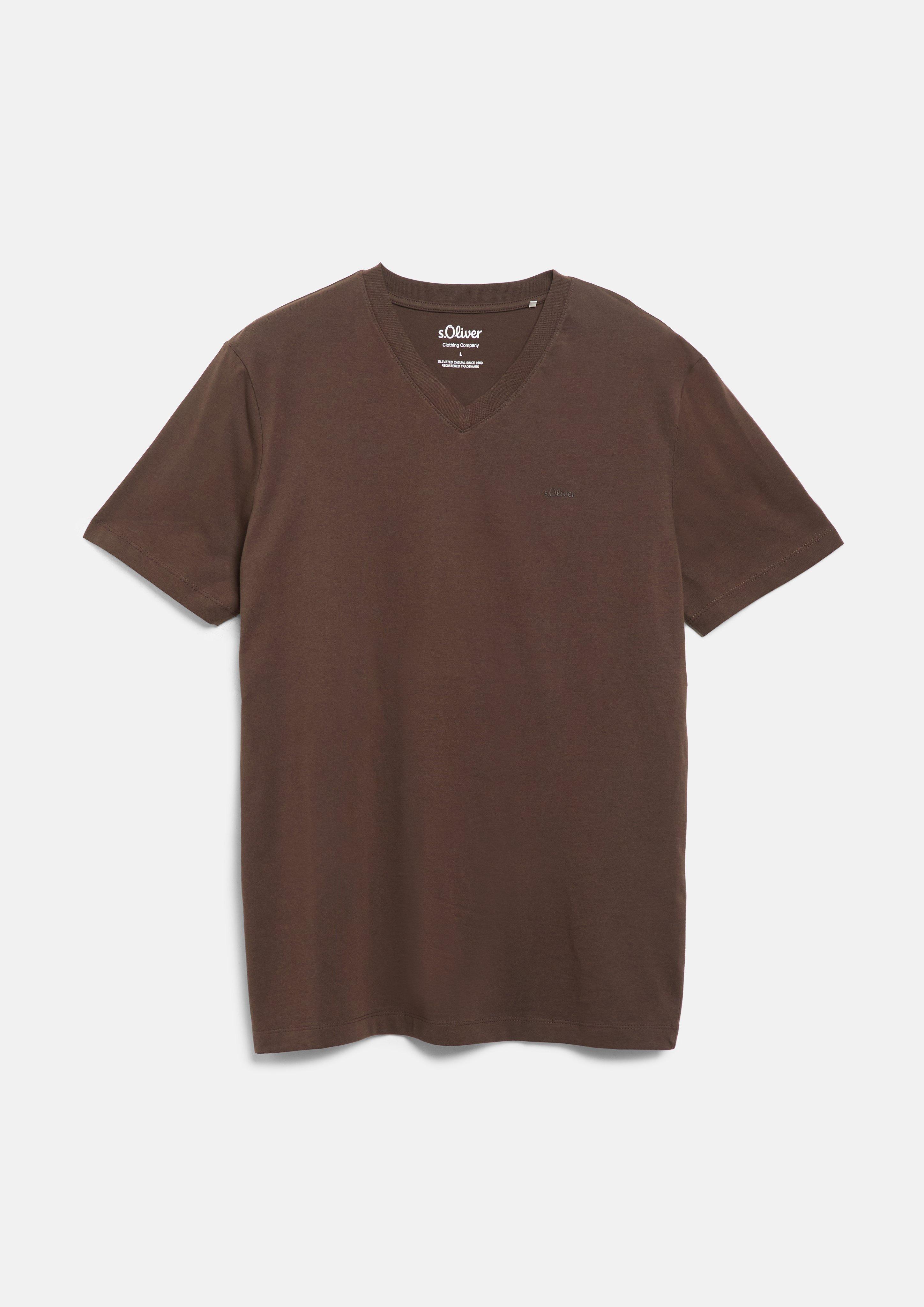 Cotton T-shirt with a V-neck and logo print in dark brown by s.Oliver
