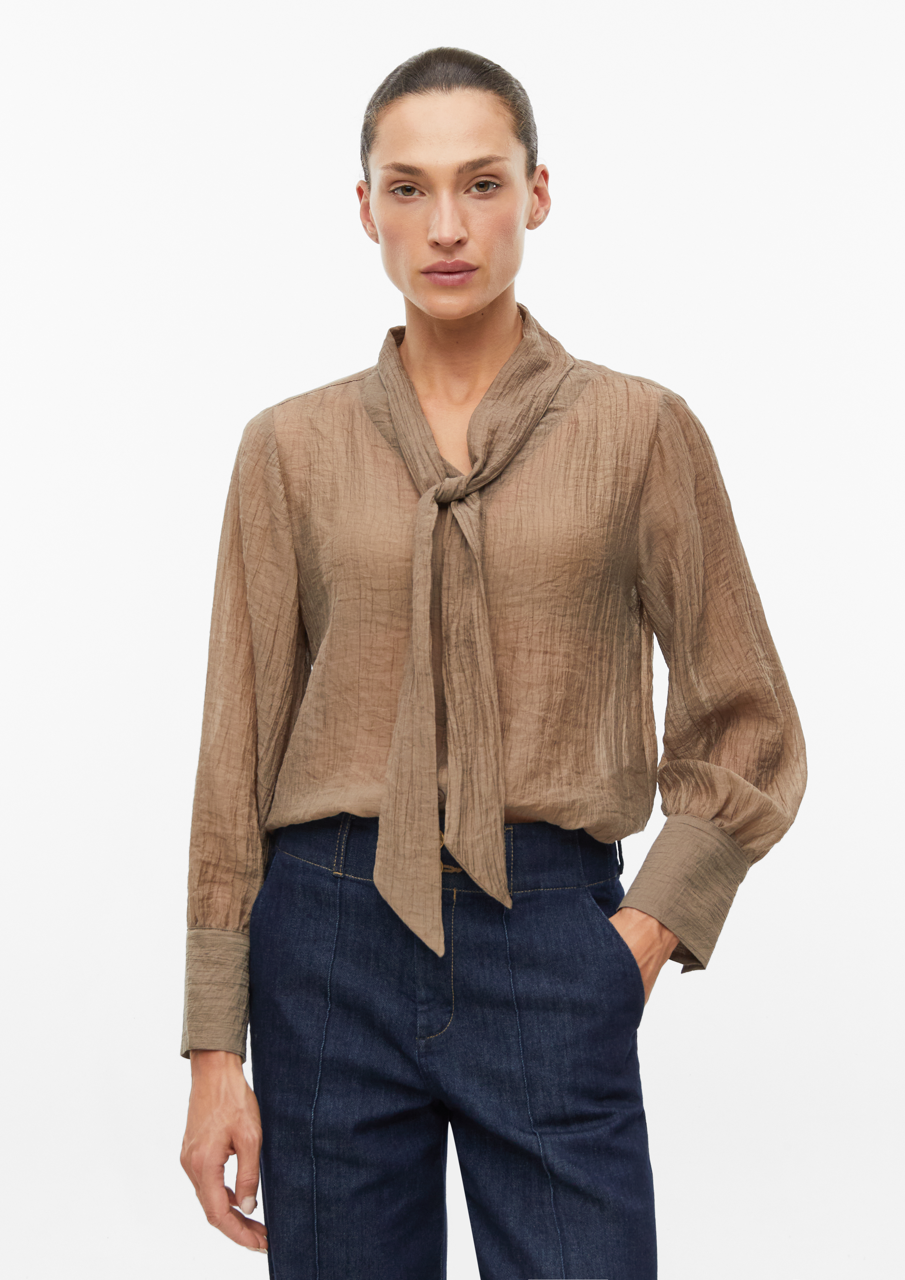 Damen Bluse mit Schluppen-Kragen und transparenter Optik in sandstein von s.Oliver BLACK LABEL