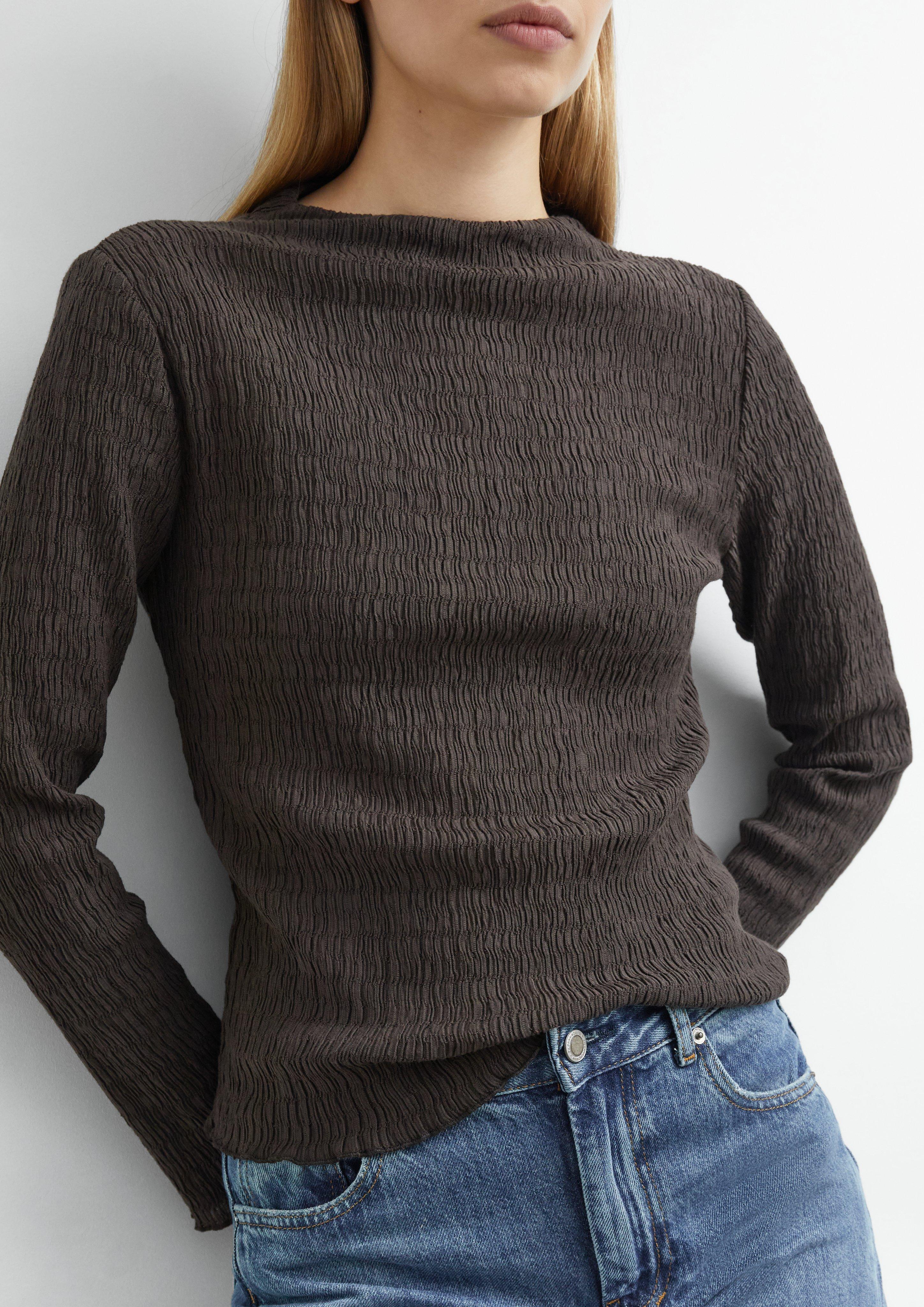 Femmes T-shirt à manches longues texturé avec un col montant léger en brun de comma