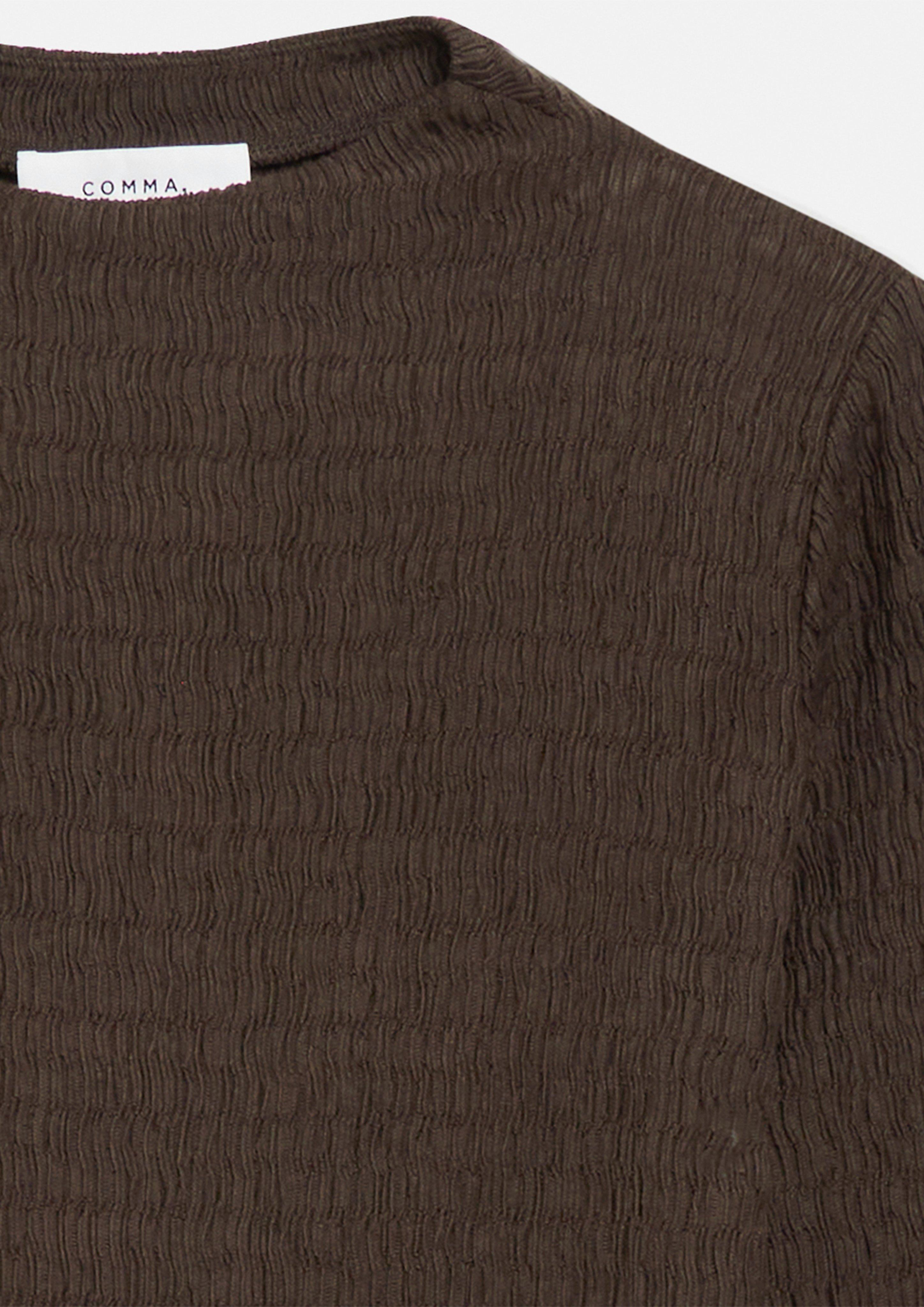Femmes T-shirt à manches longues texturé avec un col montant léger en brun de comma