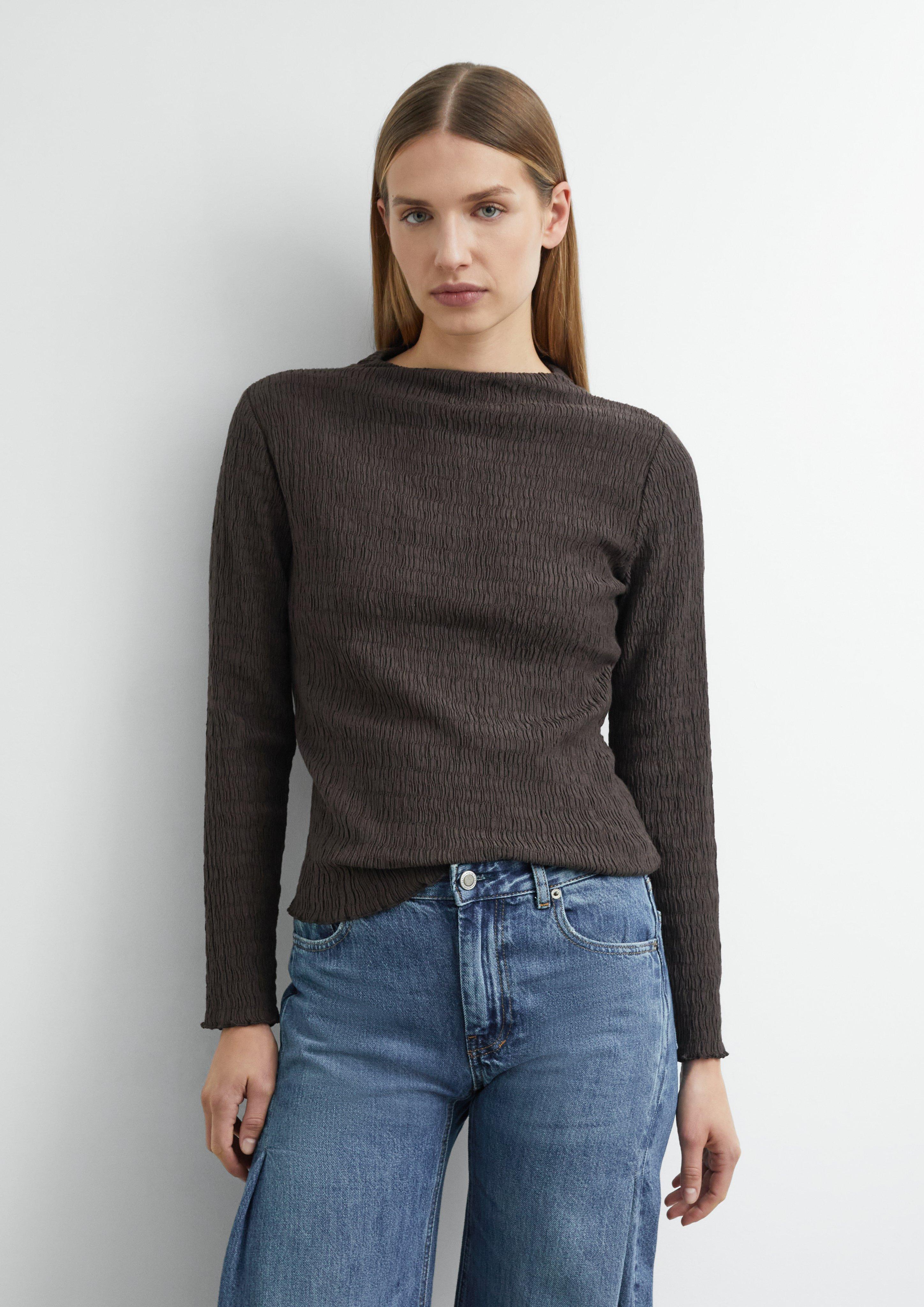 Textured long-sleeve top with a slight mock neck in dark brown by COMMA