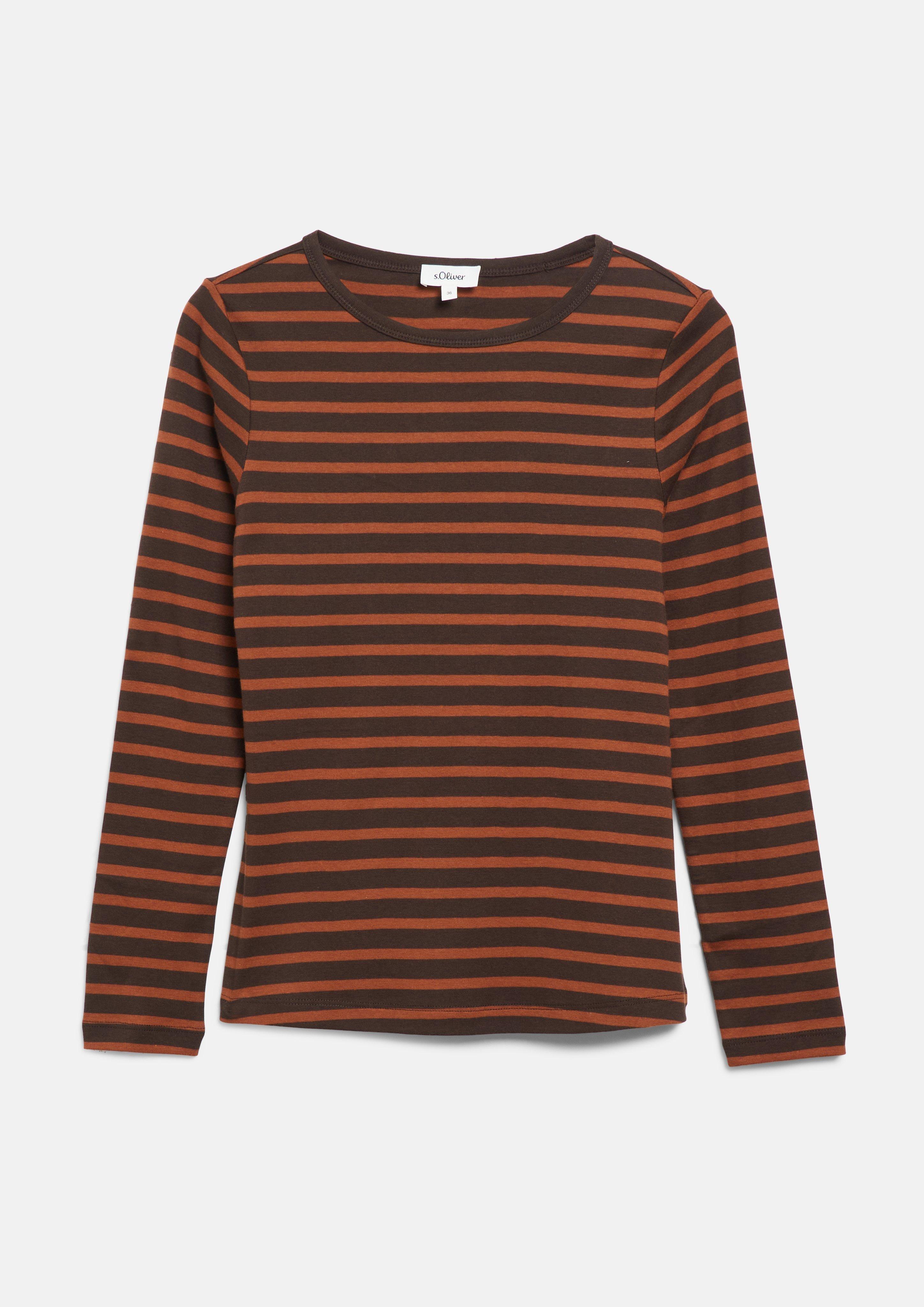 Femmes T-shirt à manches longues rayé, coupe ajustée en orange de s.Oliver