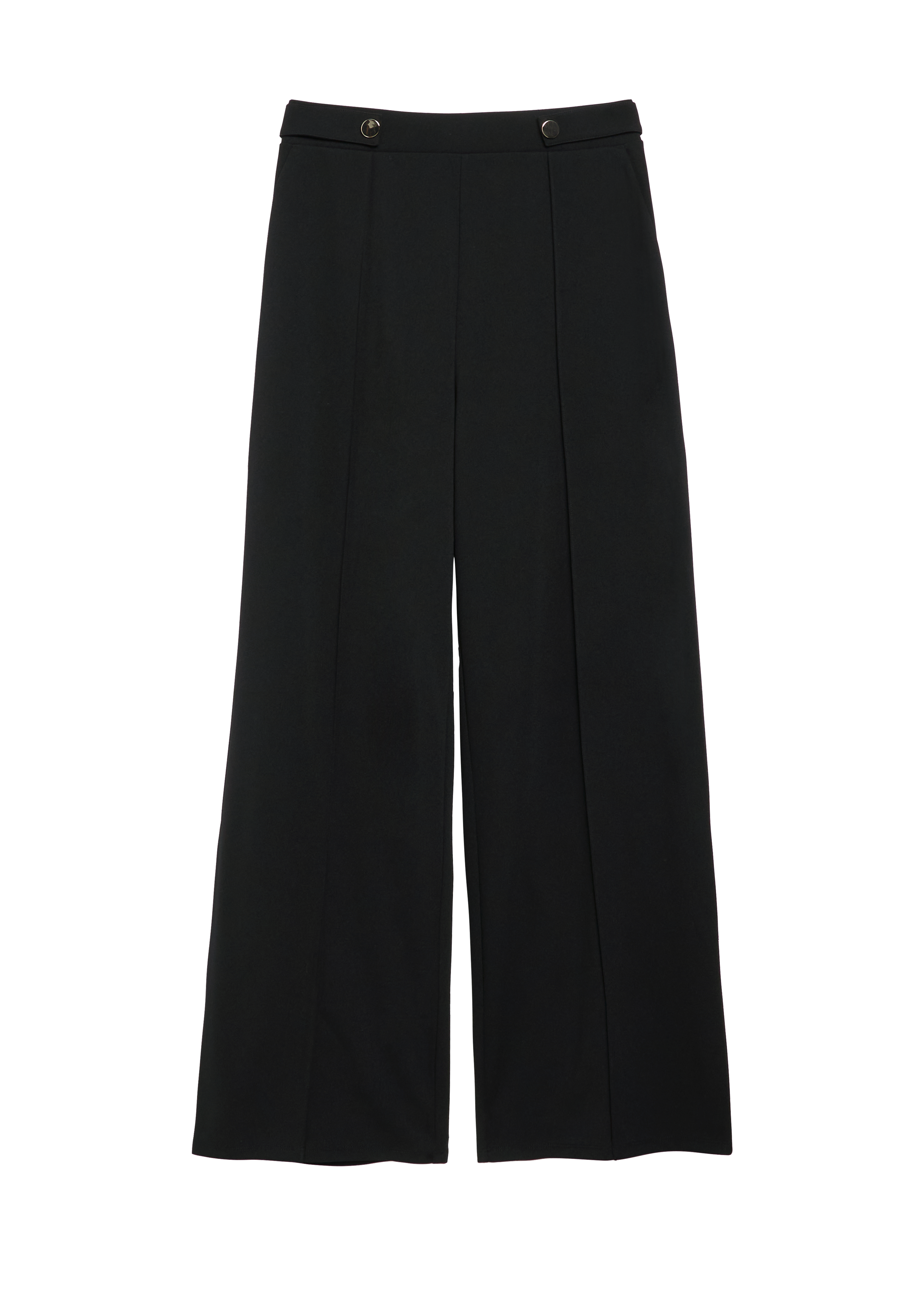 Broek: broek met wijde pijpen, plooien en sierknopen