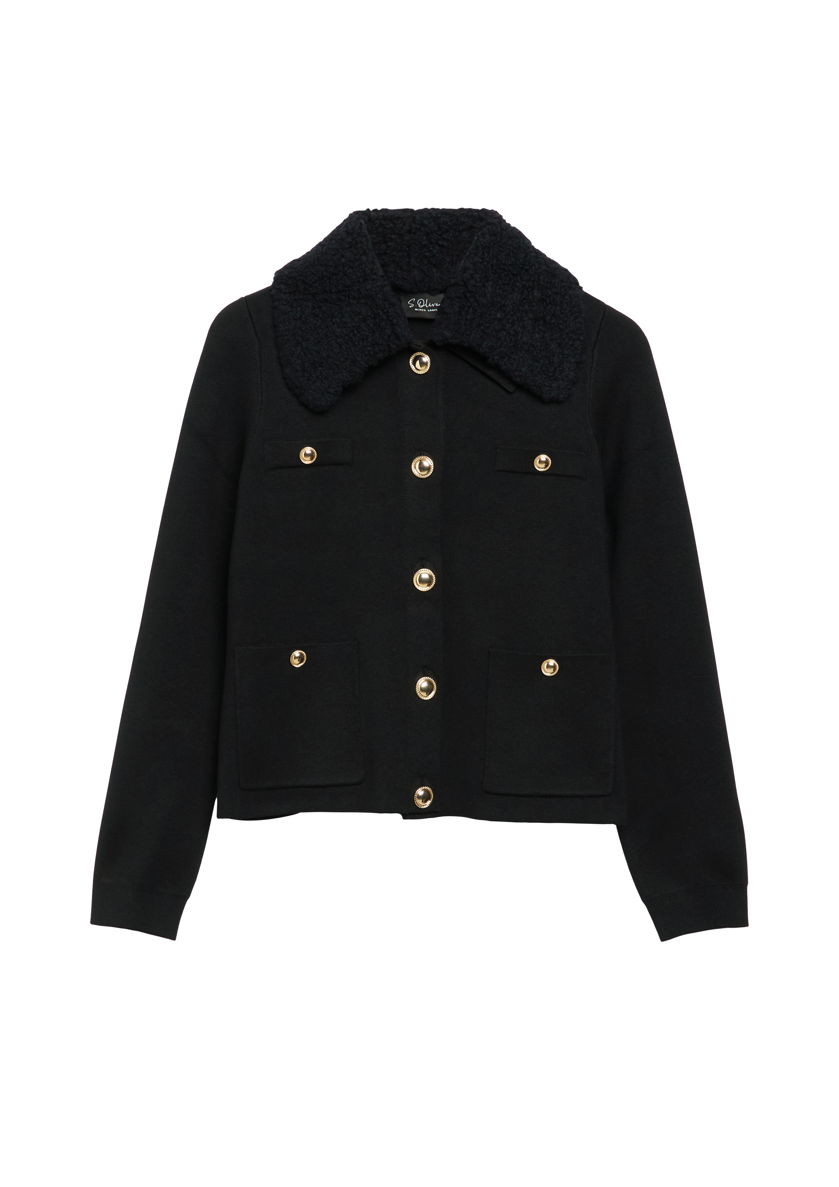 Gebreid vest met sierknopen en afneembare bouclé-kraag