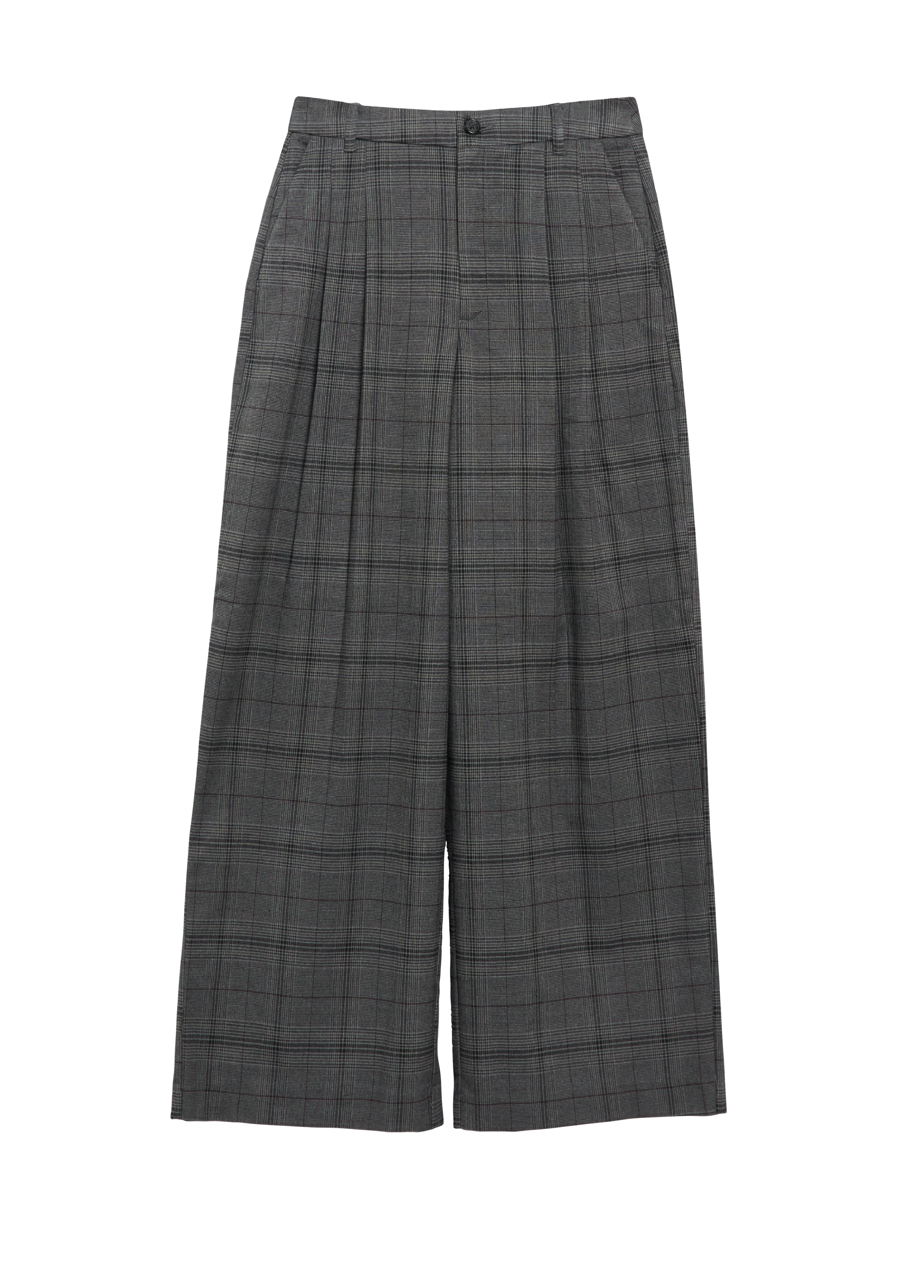 Broek met ruitjespatroon en plooien in een extra wijde pijp