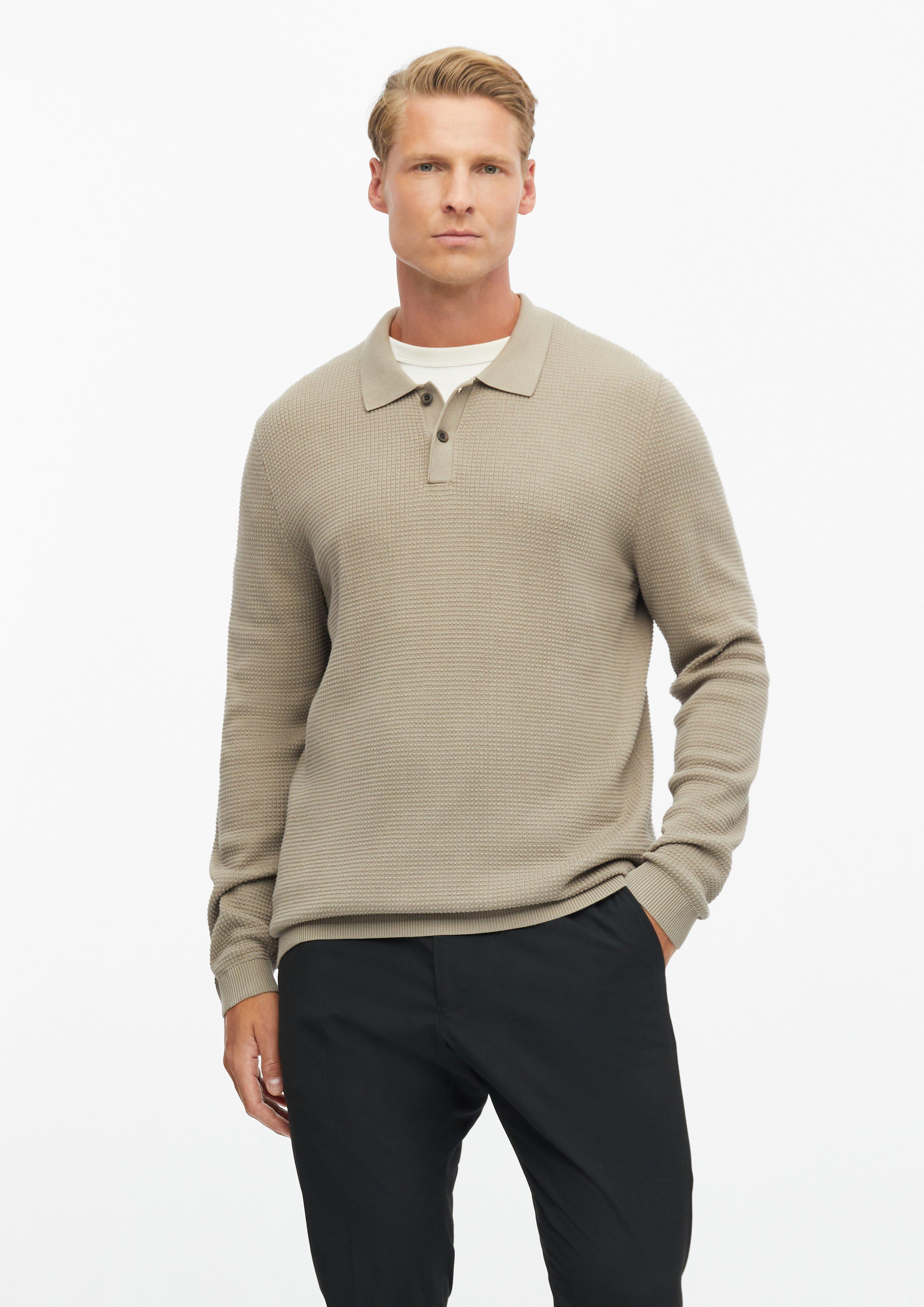Fine-textured long-sleeve knit polo shirt in light brown by s.Oliver BLACK LABEL