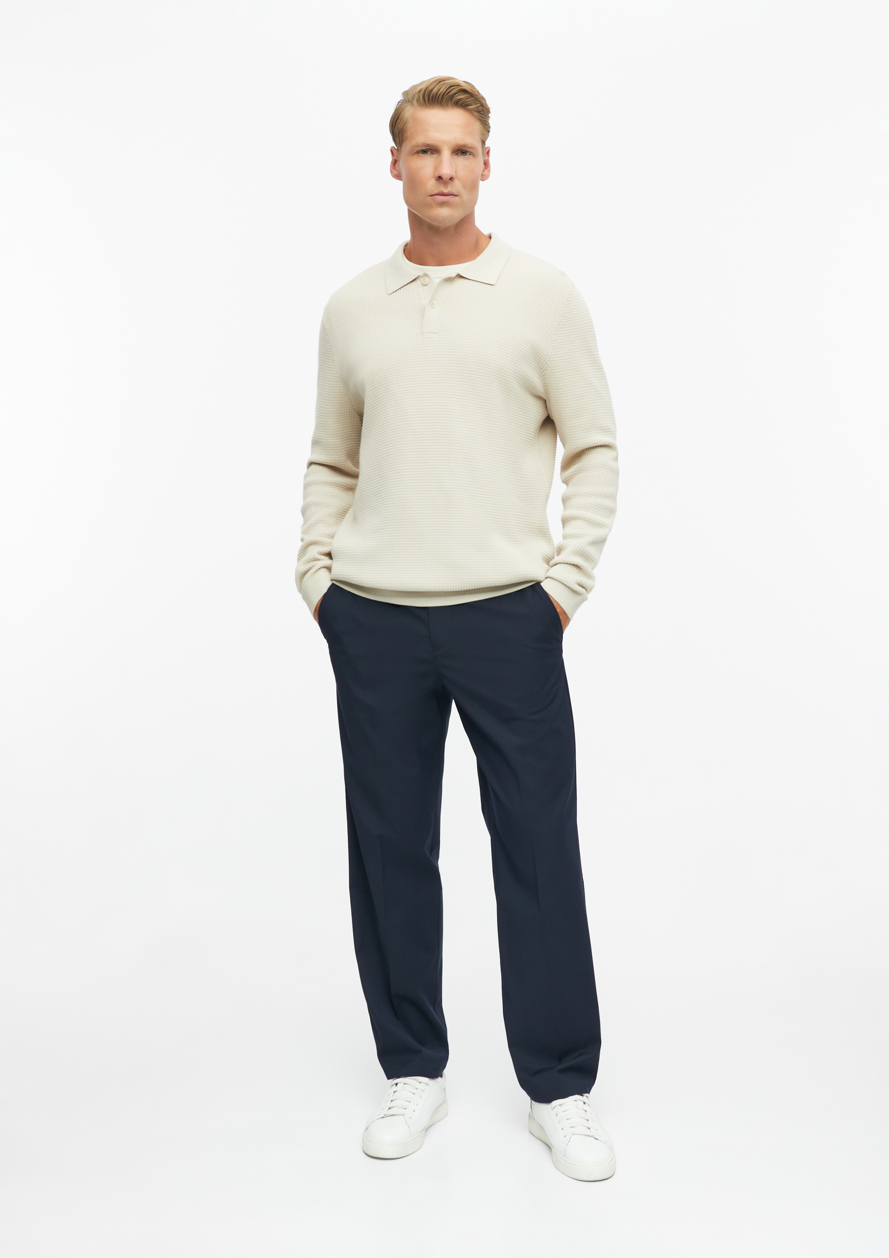 Hommes Polo en maille à manches longues à la texture fine en beige de s.Oliver BLACK LABEL