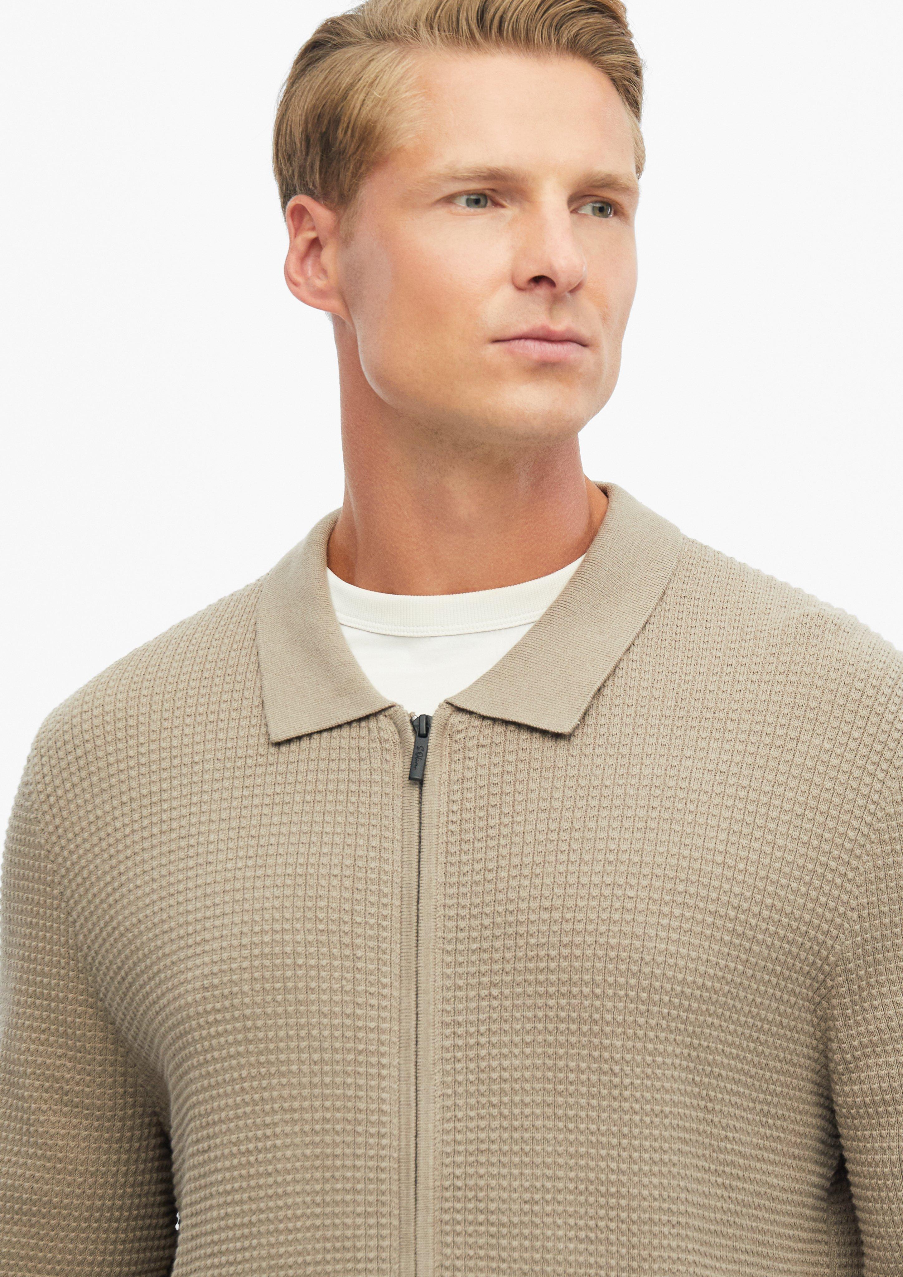 Hommes Cardigan à texture gaufrée et col polo en brun de s.Oliver BLACK LABEL