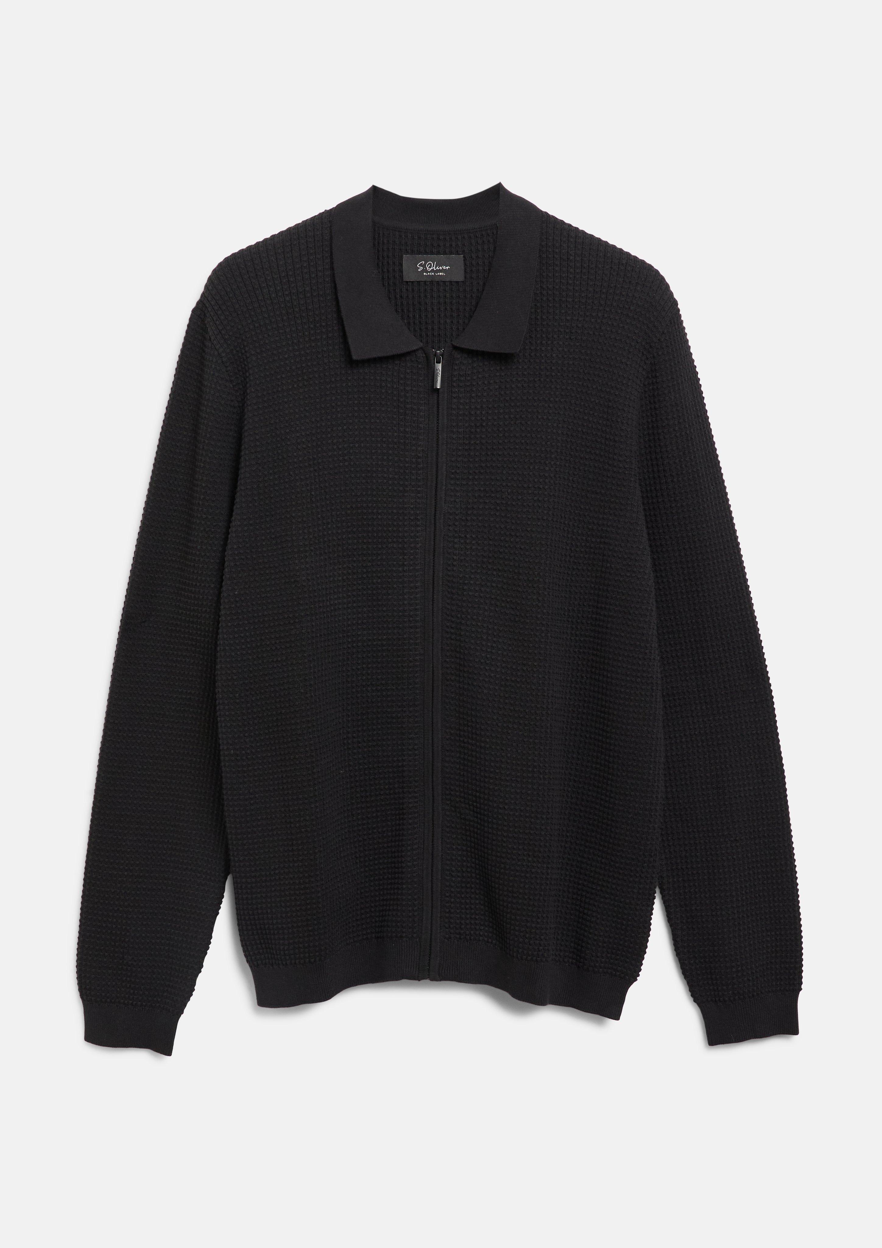 Hommes Cardigan à texture gaufrée et col polo en noir de s.Oliver BLACK LABEL