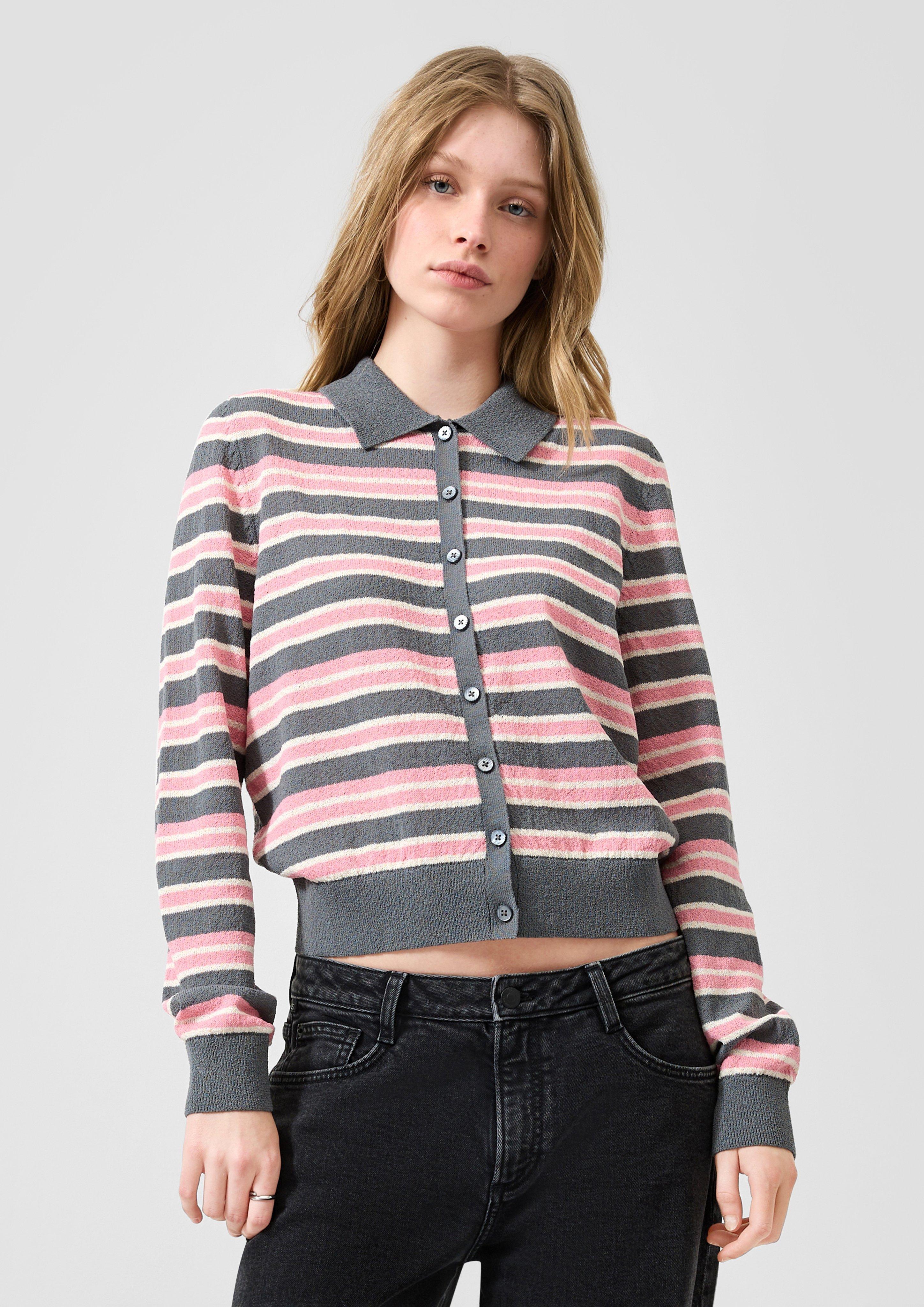 Damen Ringelstrickjacke mit Polokragen in dunkelgrau von QS