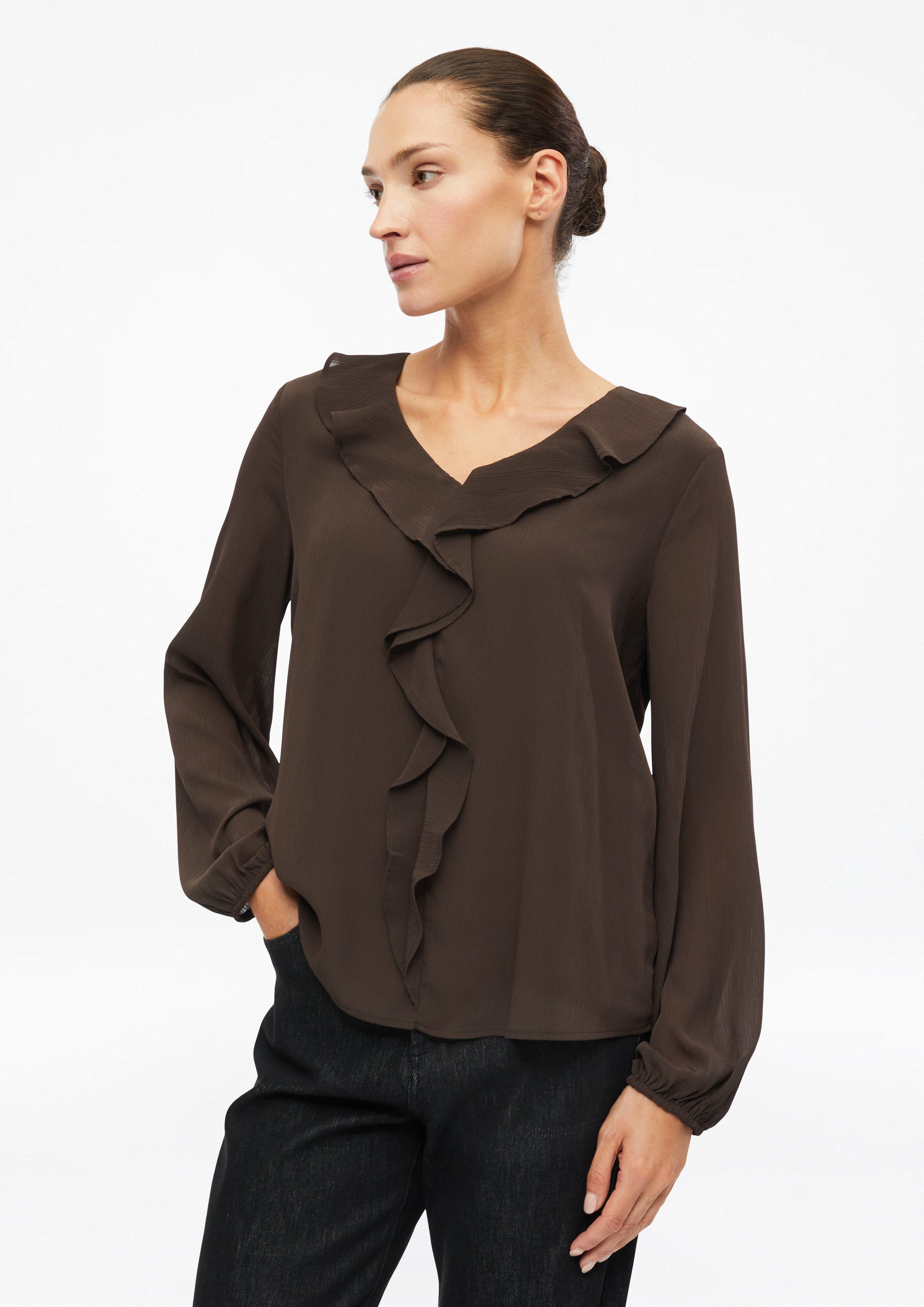 Women Crêpe Blouse with Ruffles in dark brown by s.Oliver BLACK LABEL