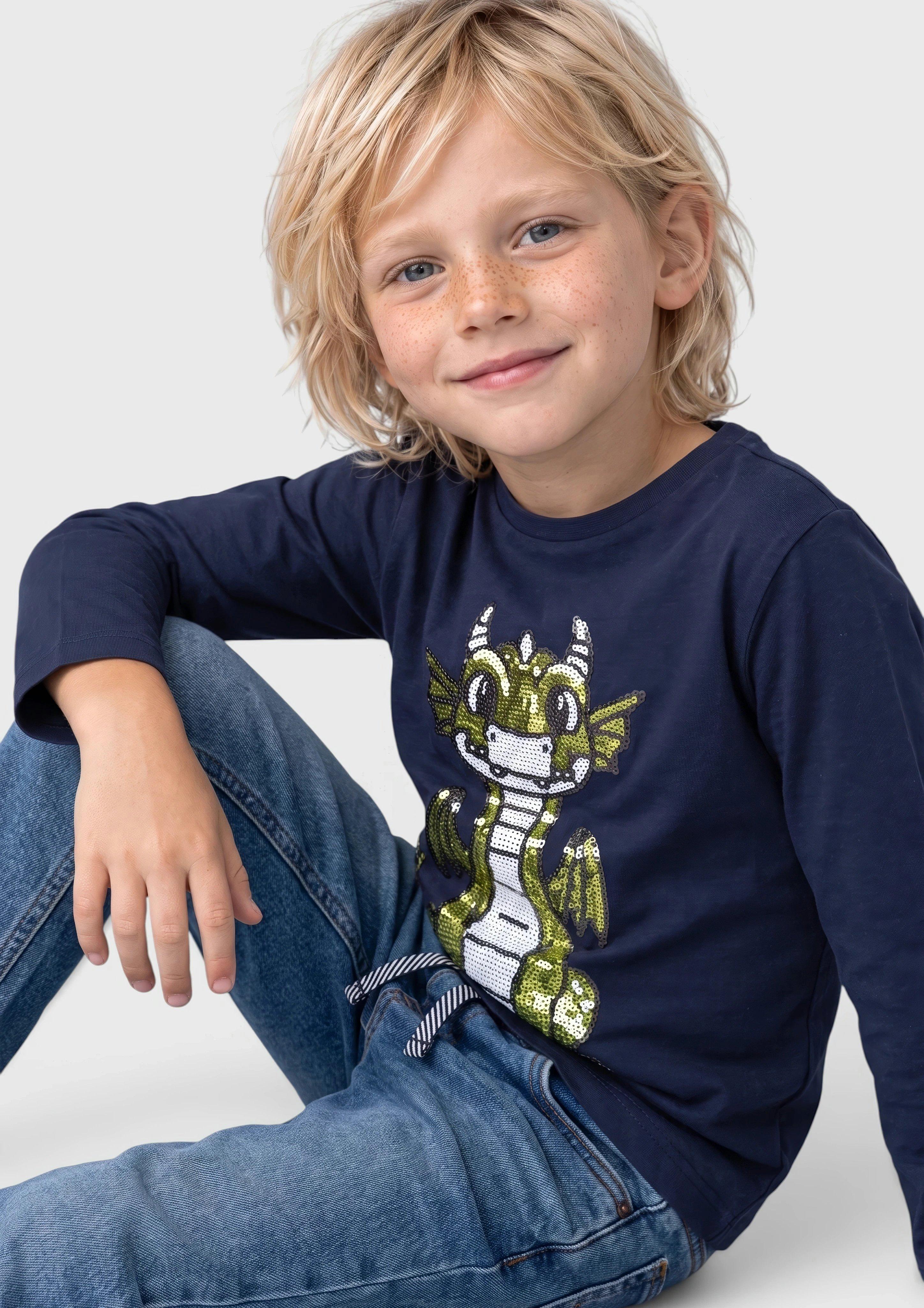 Kinder Langarmshirt mit Drachenmotiv aus Pailletten in blau von s.Oliver