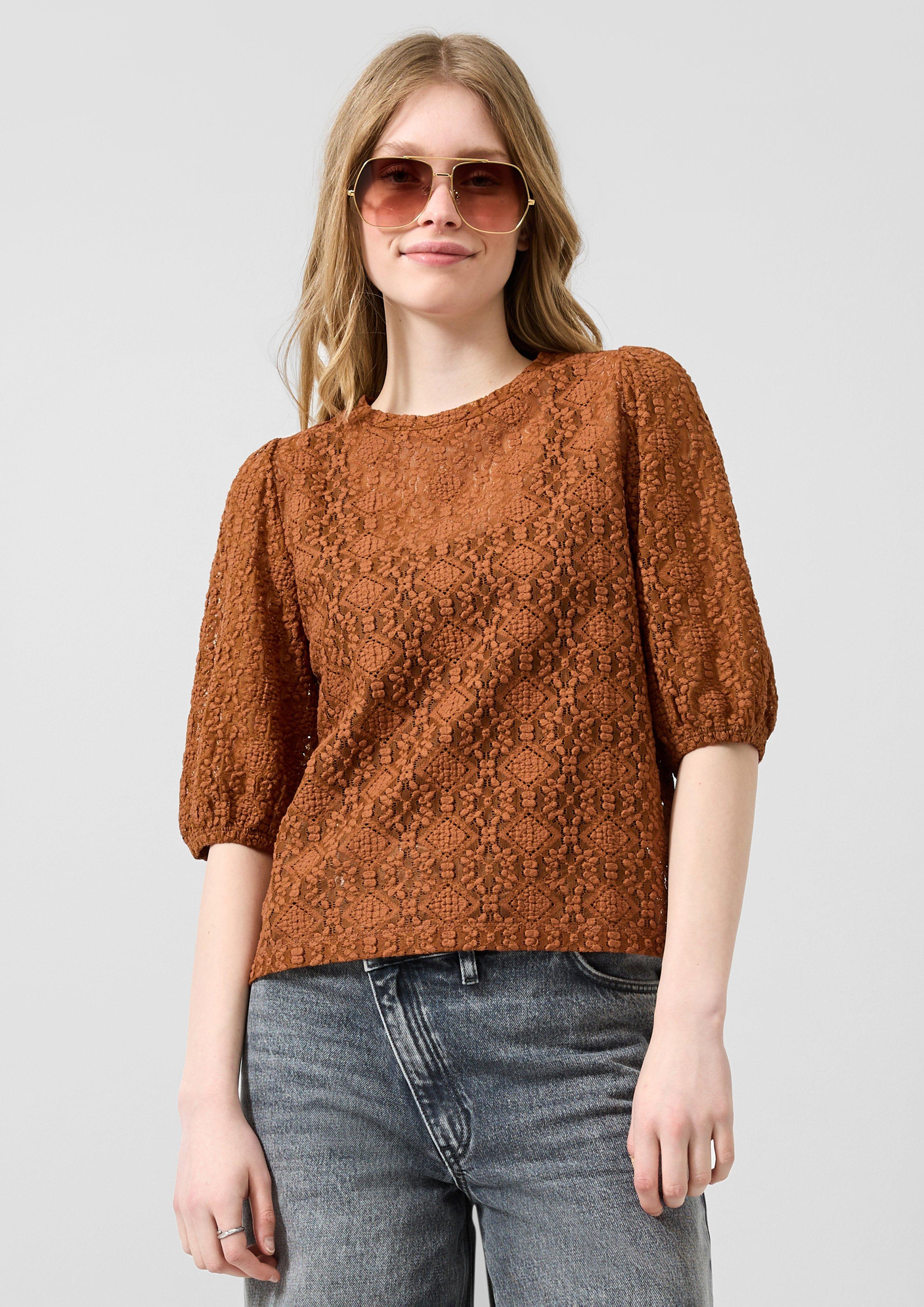 Damen Leicht transparentes Shirt aus elastischer Spitze in terrakotta von QS