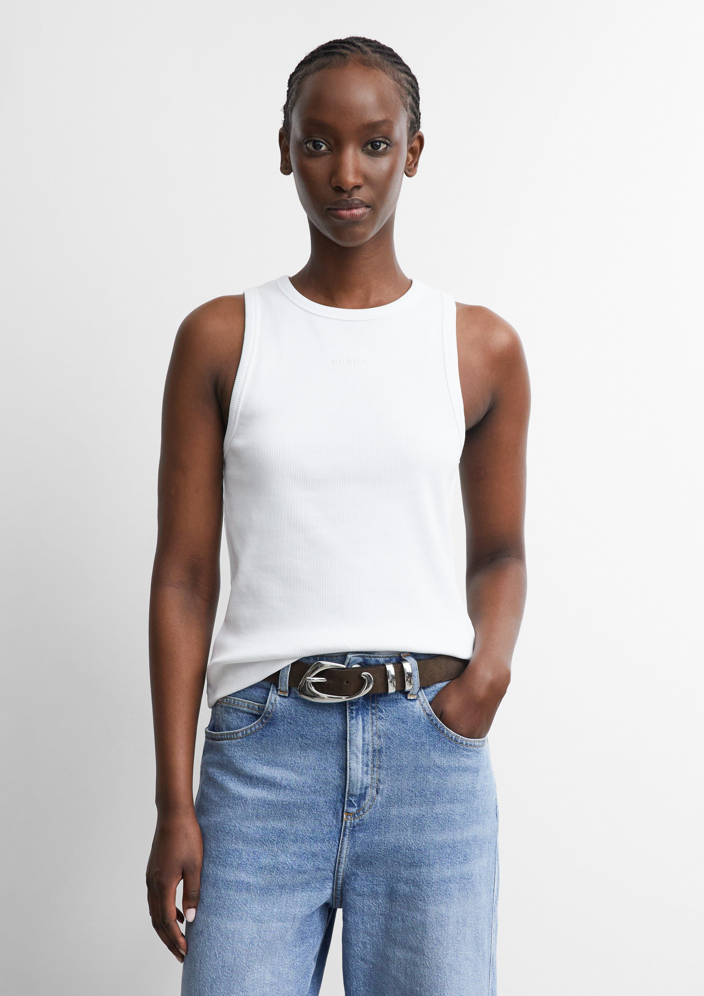 Geripptes Tanktop mit Logostickerei in weiß von COMMA