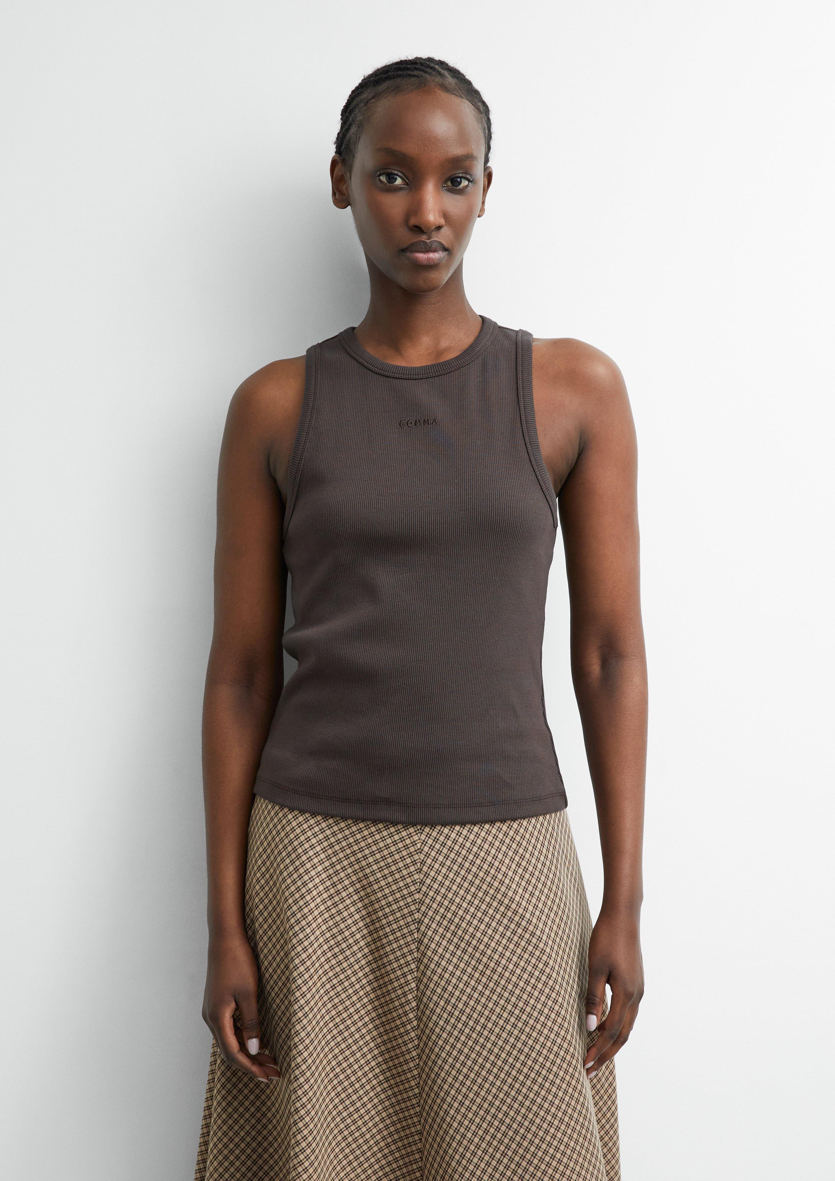 Ribbed tank top with embroidered logo in dark brown by COMMA