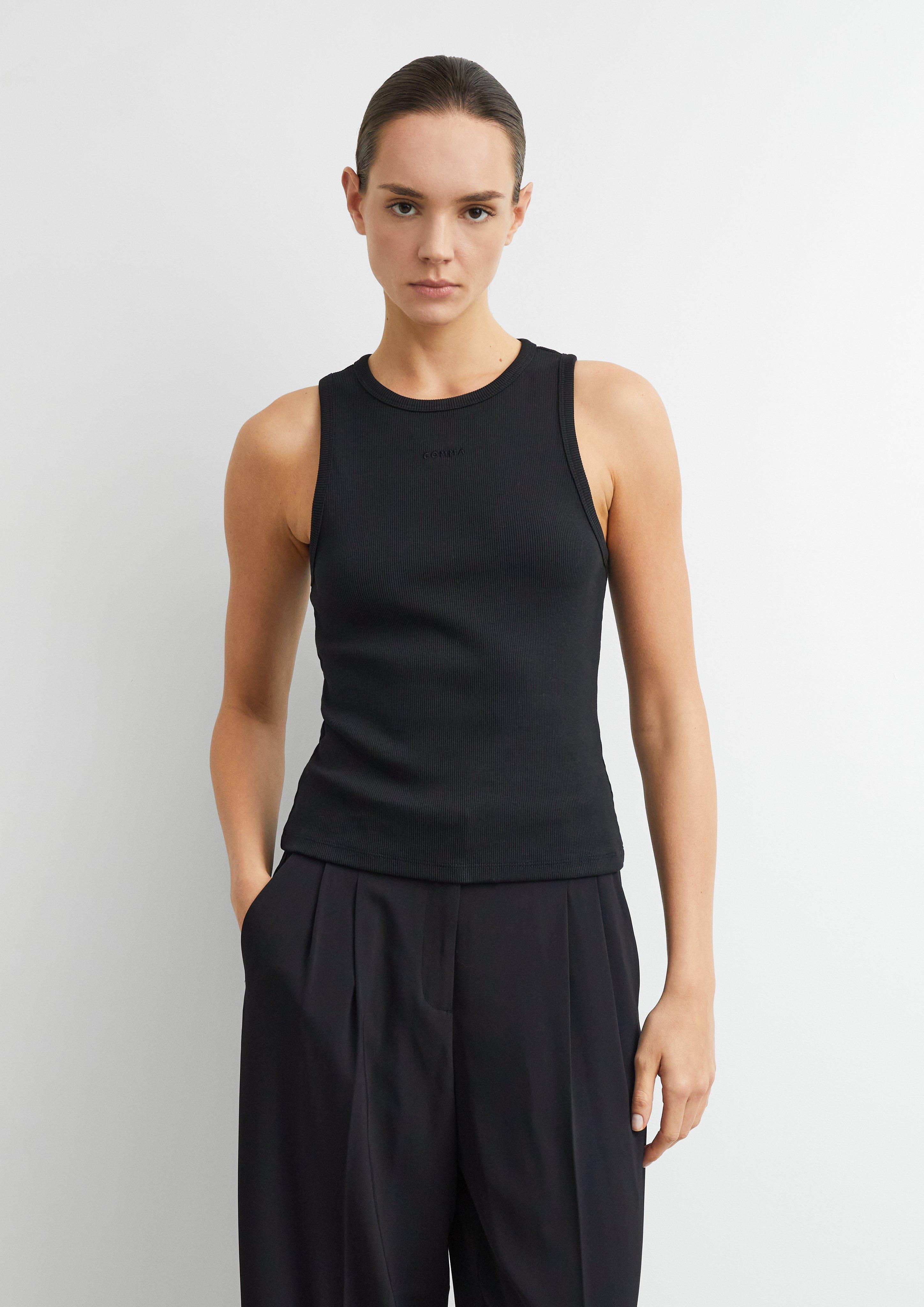 Geripptes Tanktop mit Logostickerei in schwarz von COMMA