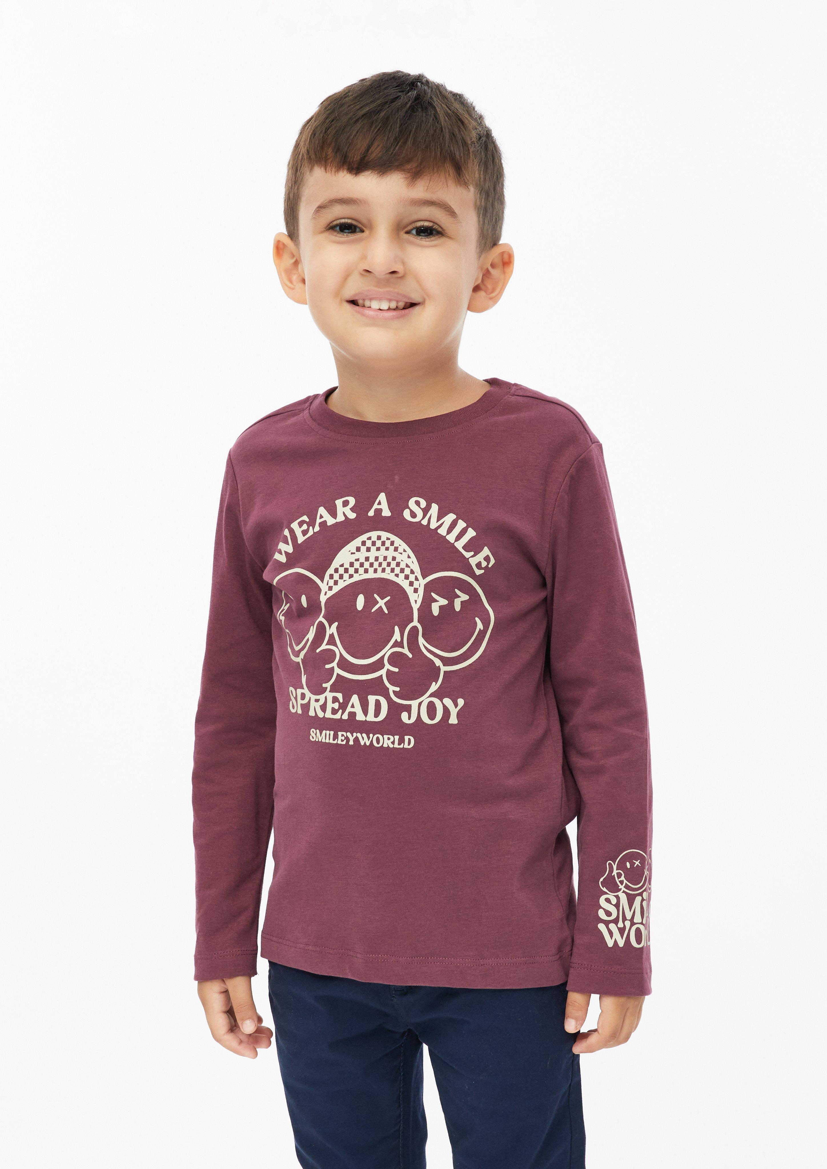 T-shirt à manches longues Smiley® avec imprimé sur le devant et les manches en bordeaux de s.Oliver