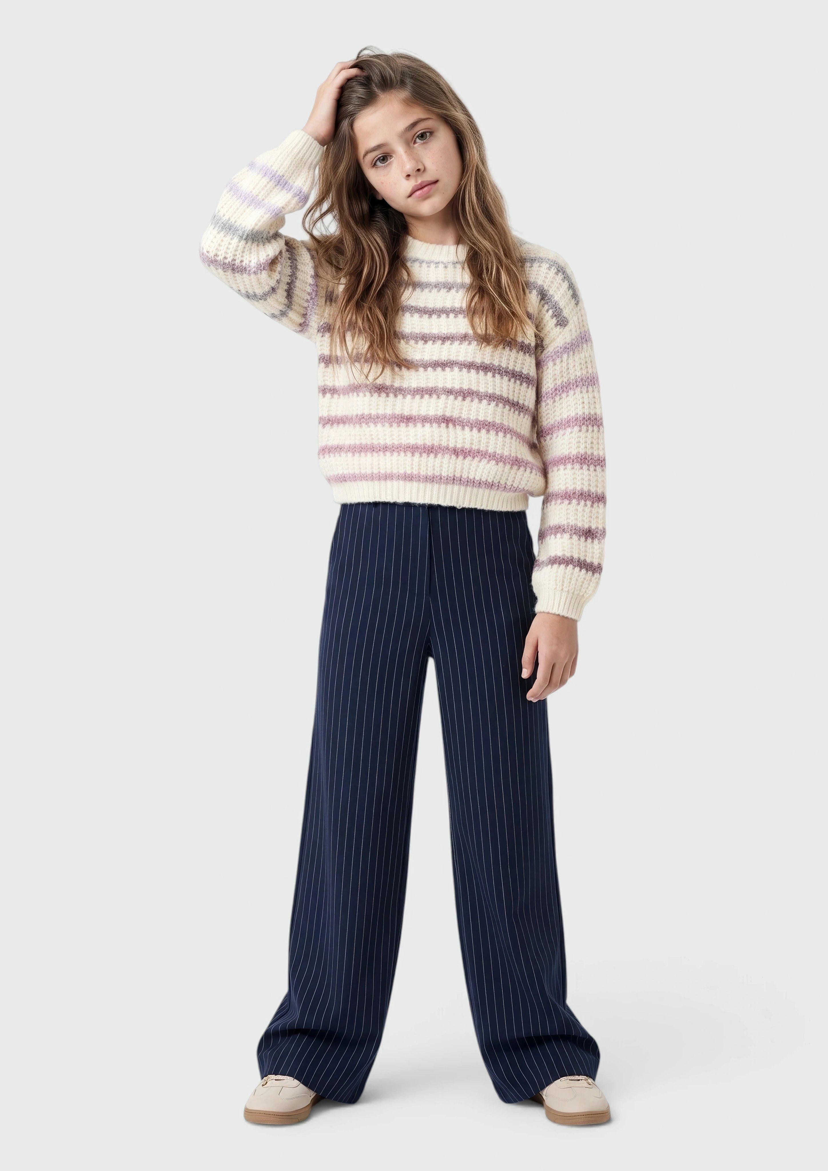 Broek met wijde pijpen en naaldstrepen van interlock in navy van s.Oliver