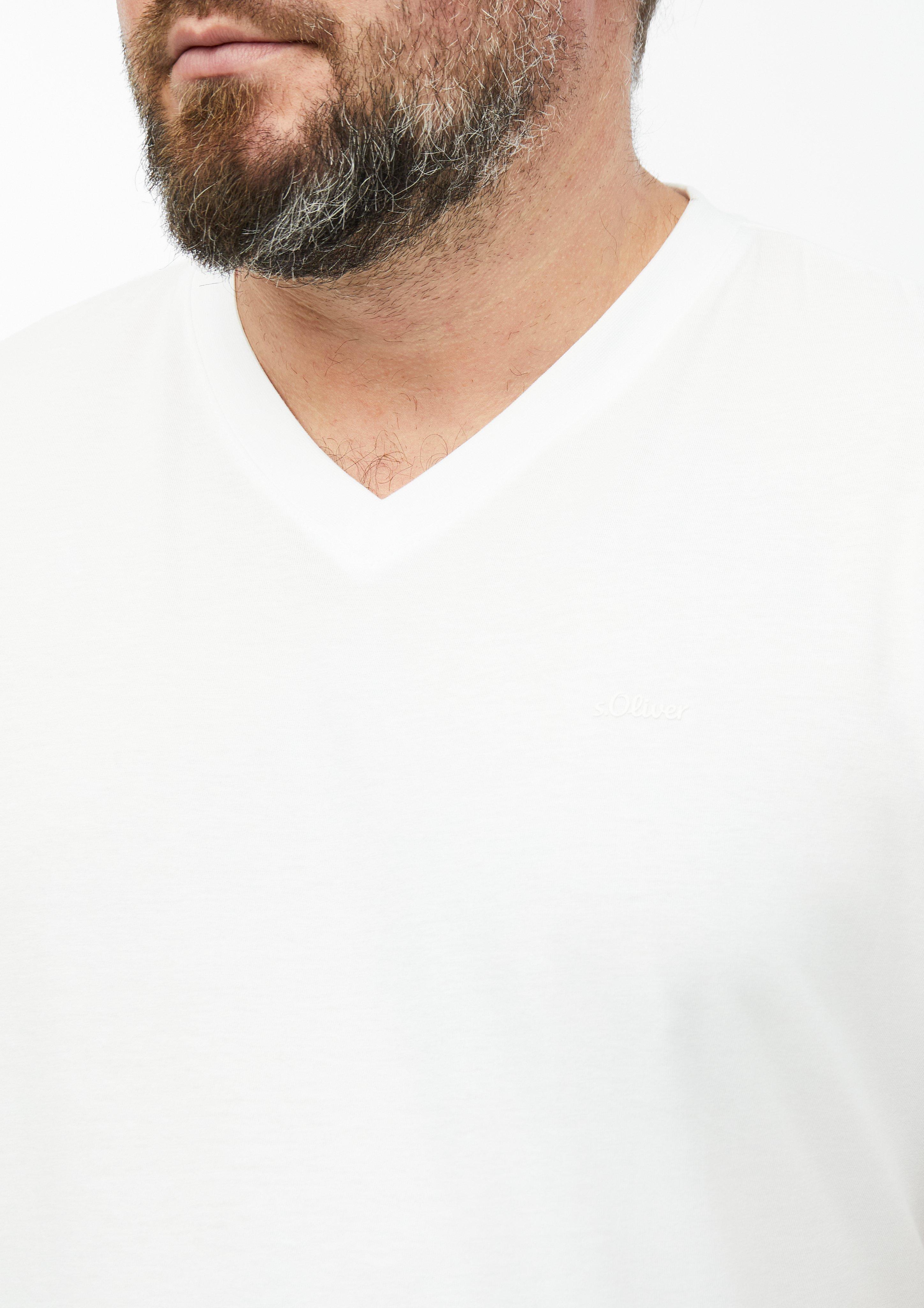 Men Cotton T-shirt with logo print and V-neck in white by s.Oliver Men Big Sizes