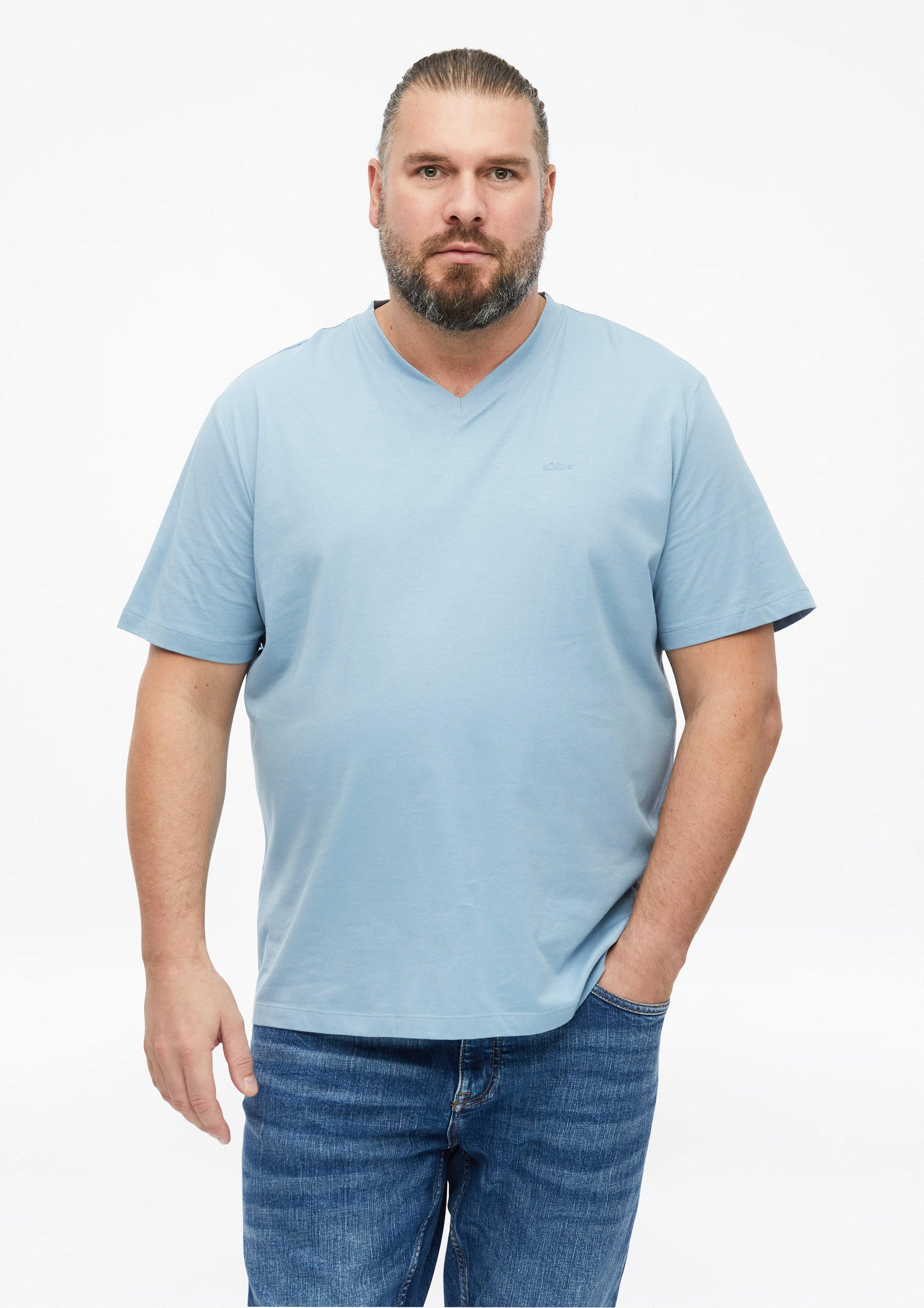 T-shirt en coton avec logo imprimé et col en V en bleu clair de s.Oliver Men Big Sizes