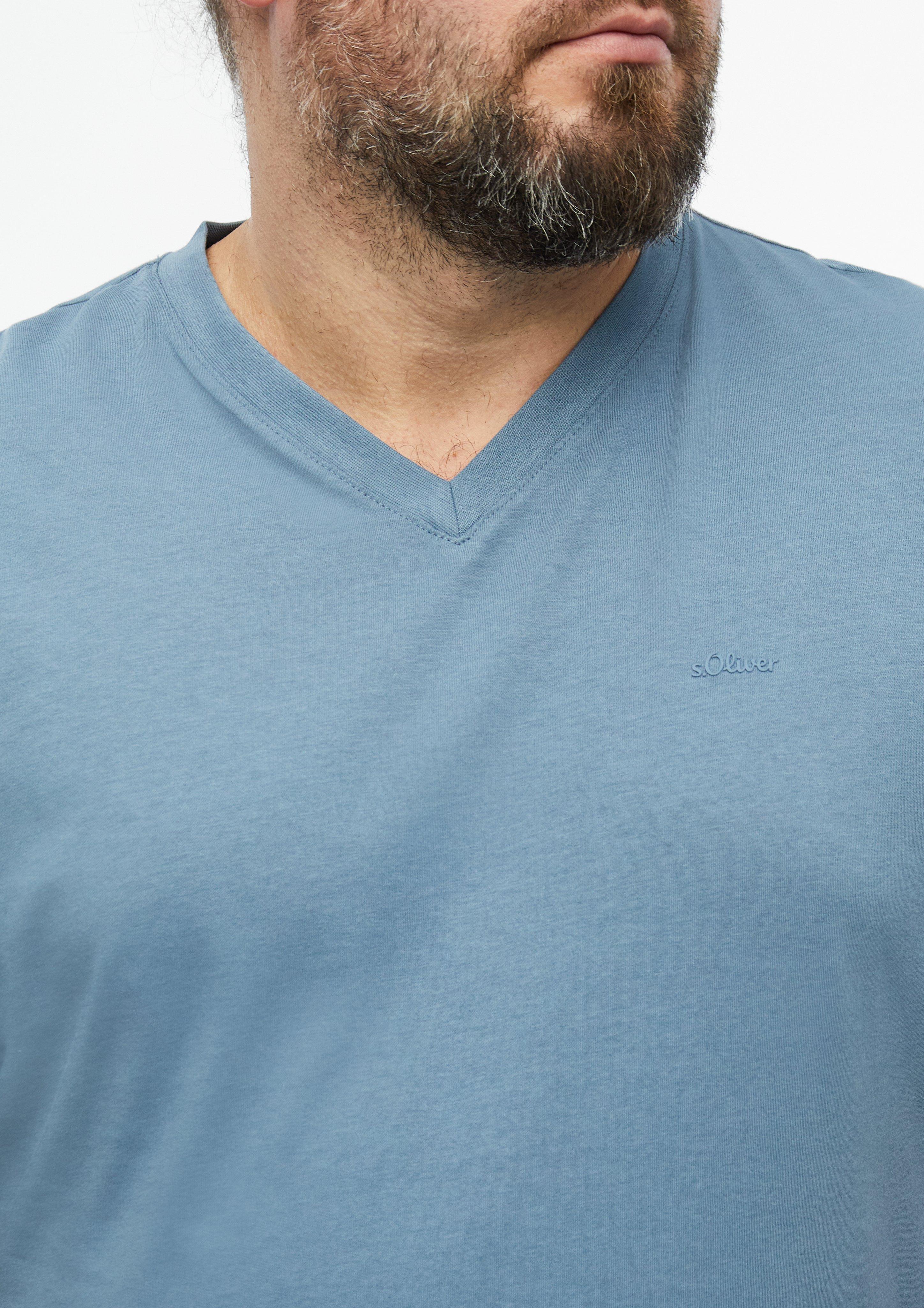 Herren Baumwoll-T-Shirt mit Logo-Print und V-Neck in blau von s.Oliver Men Big Sizes