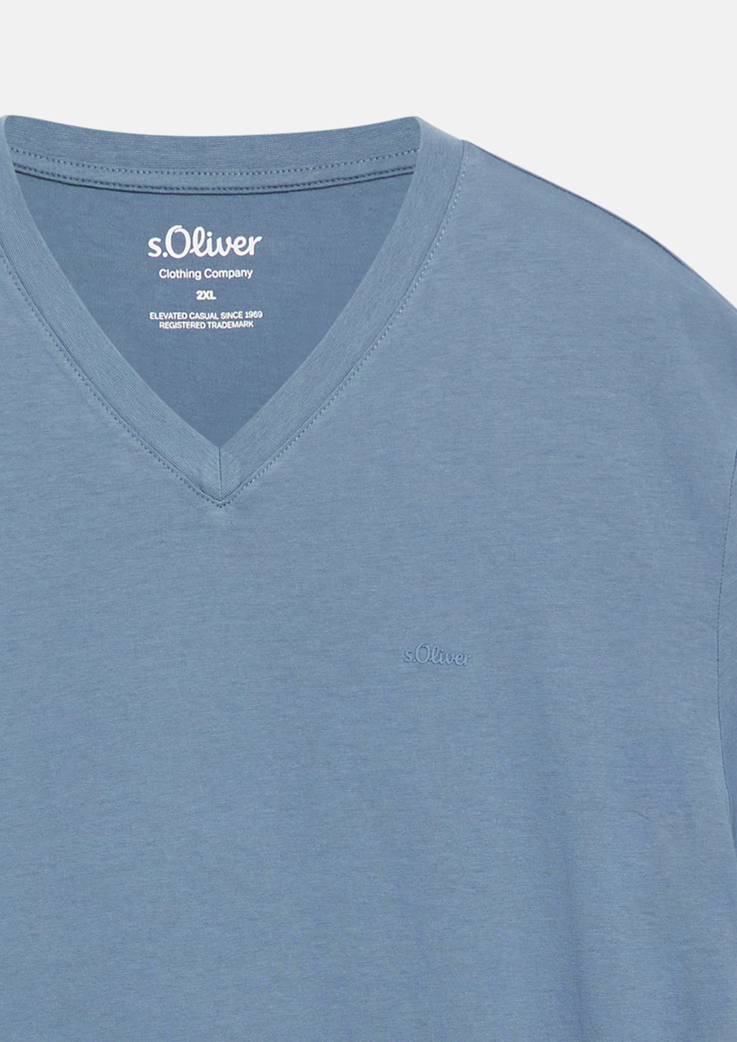 Herren Baumwoll-T-Shirt mit Logo-Print und V-Neck in blau von s.Oliver Men Big Sizes
