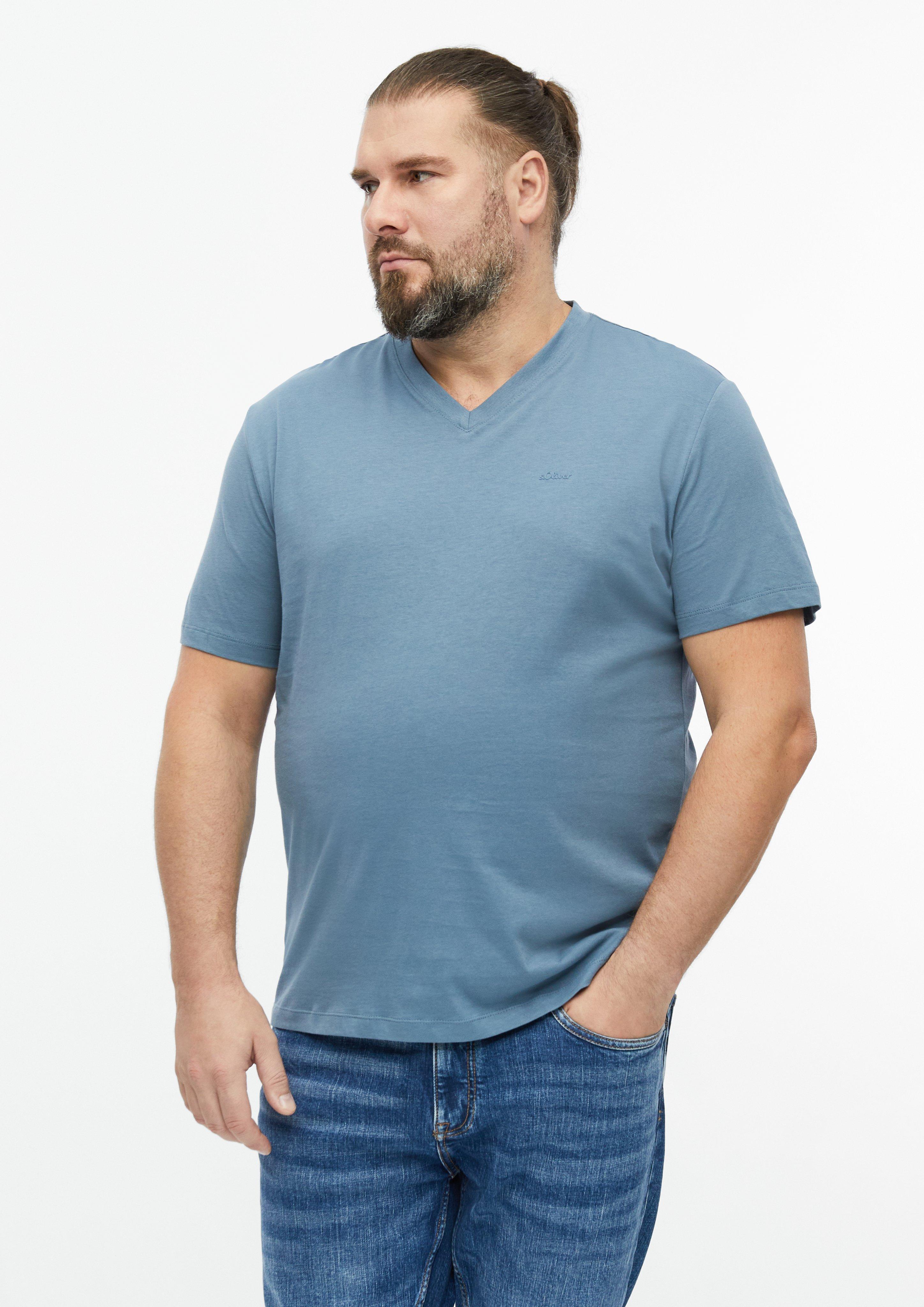 Katoenen T-shirt met logo-opdruk en V-hals in blauw van s.Oliver Men Big Sizes