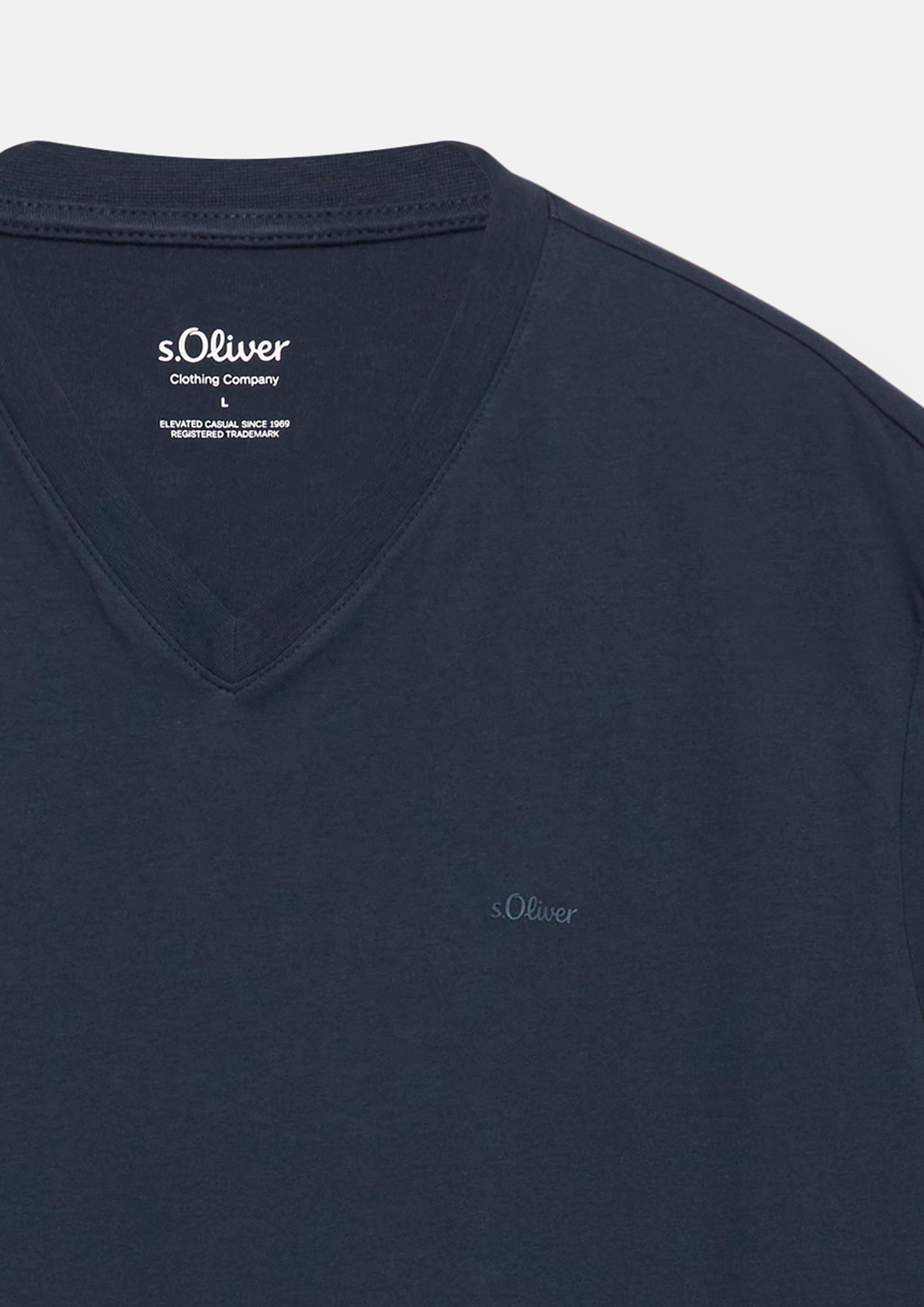 Herren Baumwoll-T-Shirt mit Logo-Print und V-Neck in blau von s.Oliver Men Big Sizes