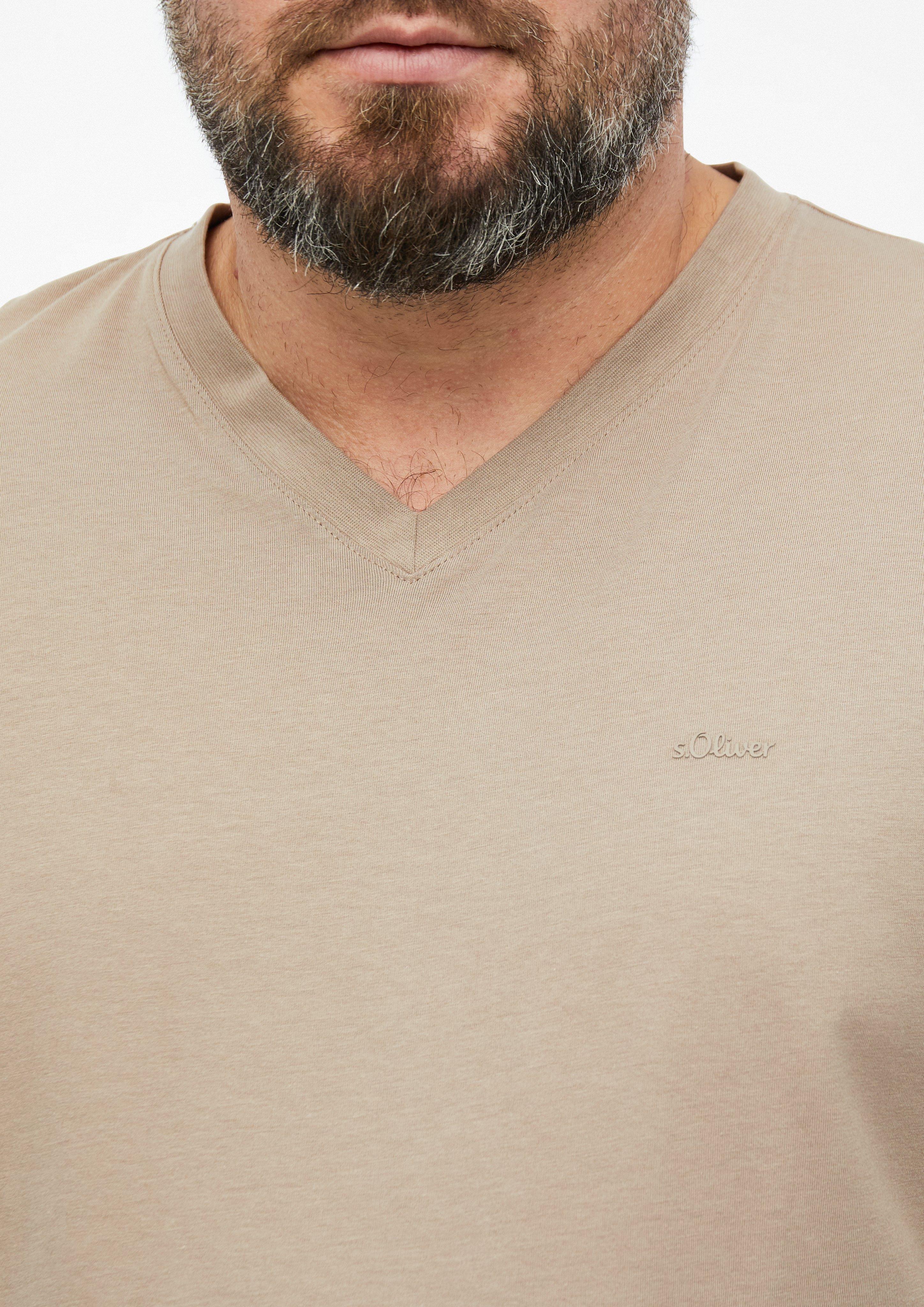 Heren Katoenen T-shirt met logo-opdruk en V-hals in bruin van s.Oliver Men Big Sizes