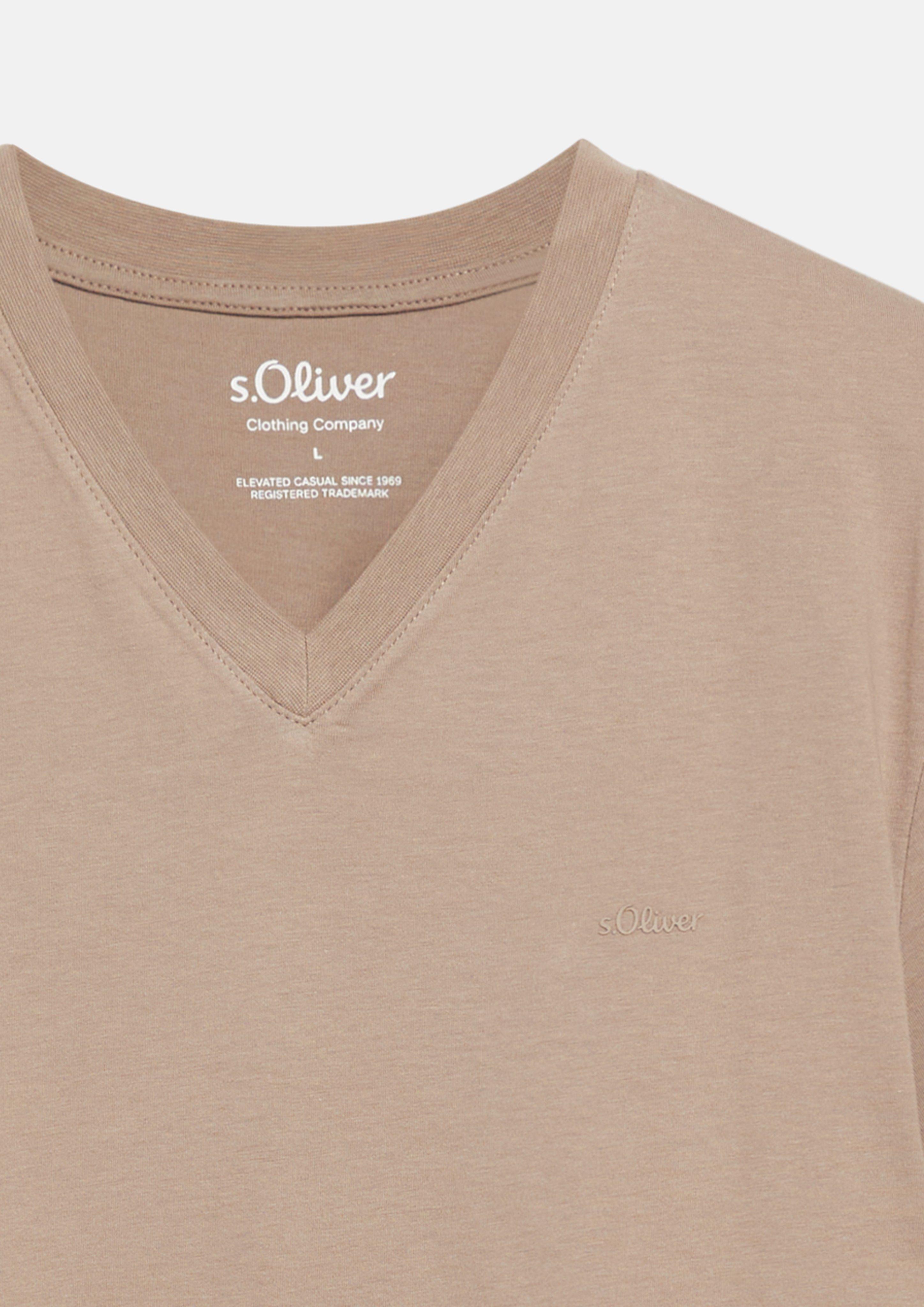 Heren Katoenen T-shirt met logo-opdruk en V-hals in bruin van s.Oliver Men Big Sizes