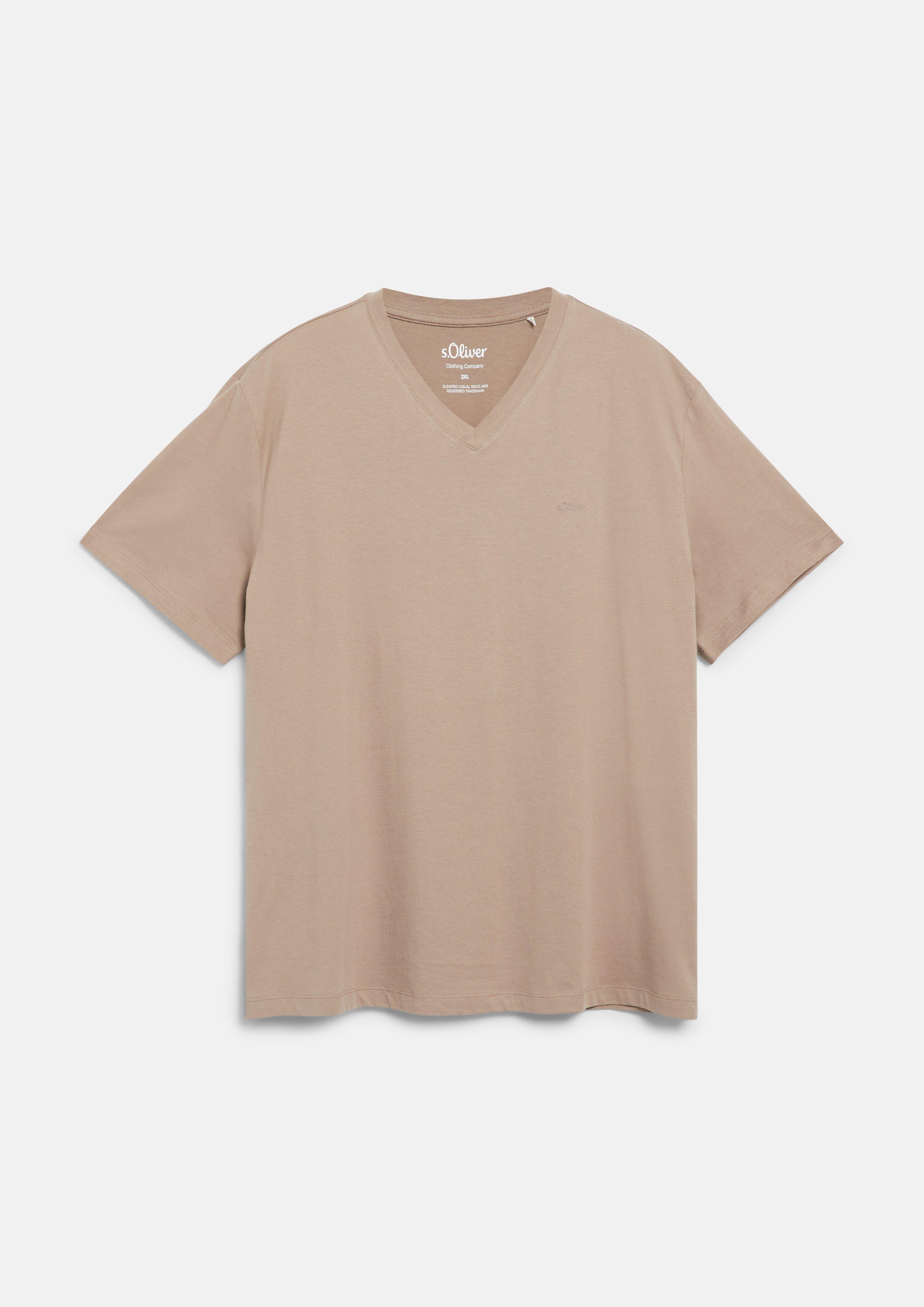 T-shirt en coton avec logo imprimé et col en V en marron clair de s.Oliver Men Big Sizes