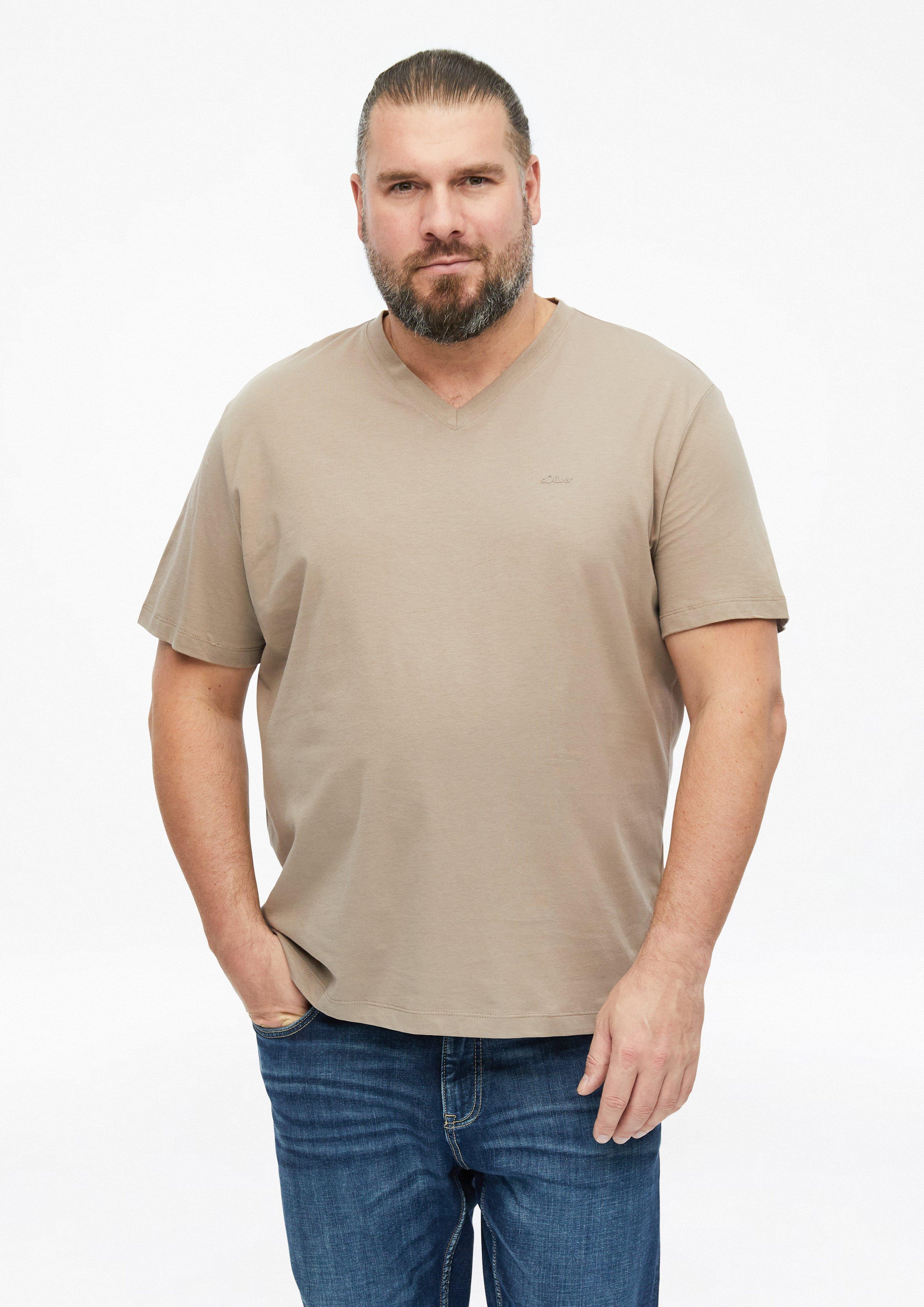 Cotton T-shirt with logo print and V-neck in light brown by s.Oliver Men Big Sizes