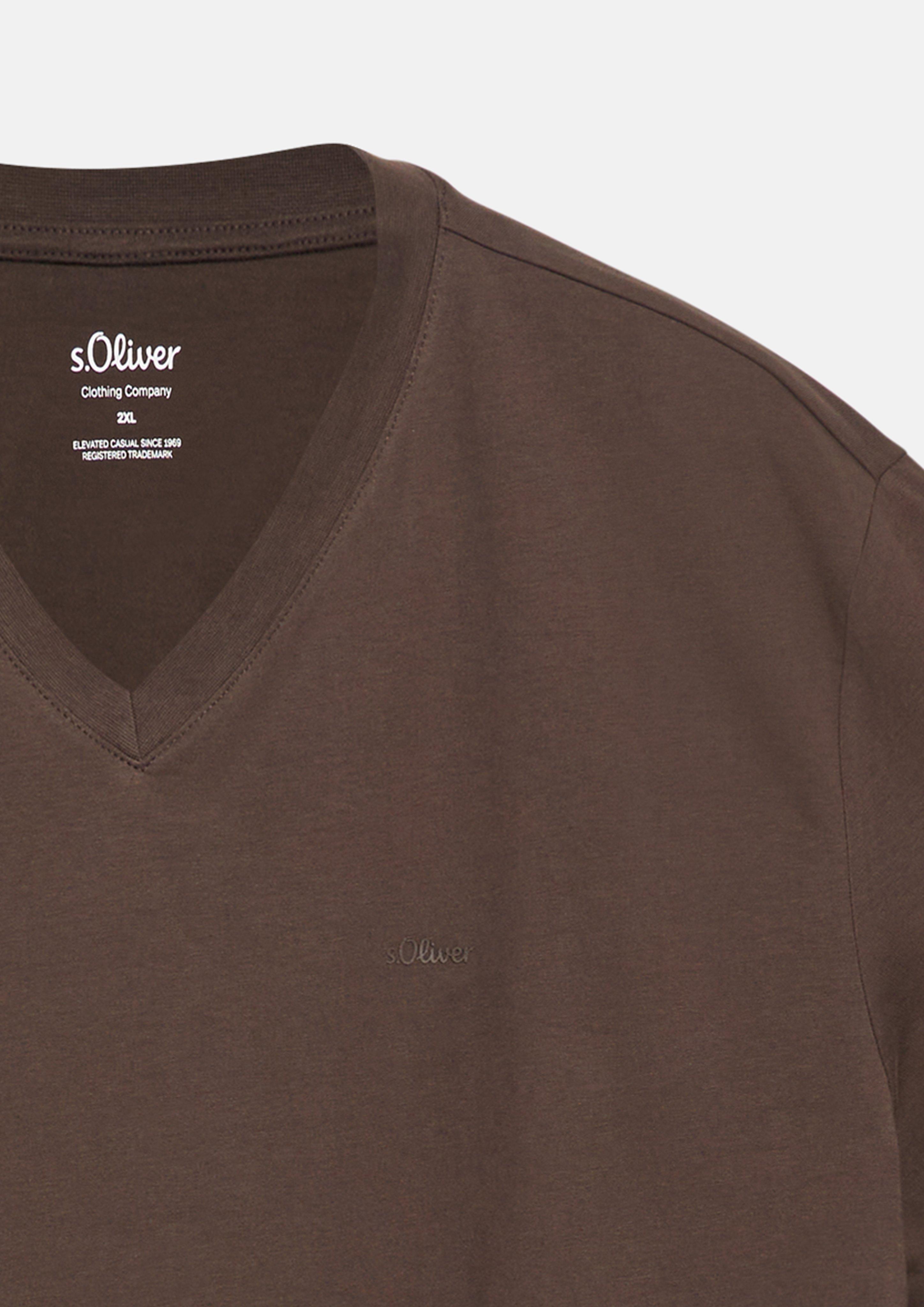 Herren Baumwoll-T-Shirt mit Logo-Print und V-Neck in braun von s.Oliver Men Big Sizes