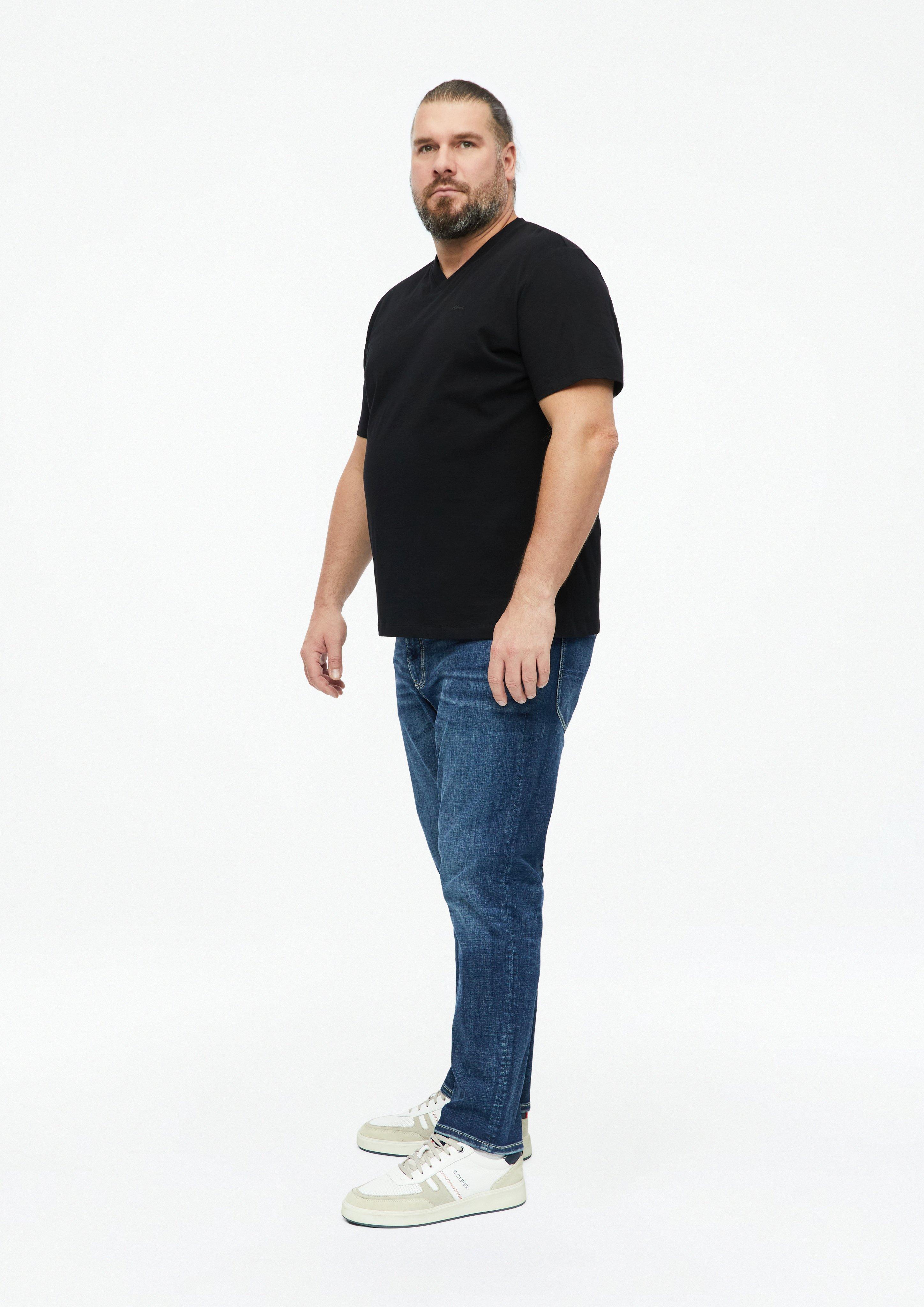 Men Cotton T-shirt with logo print and V-neck in black by s.Oliver Men Big Sizes
